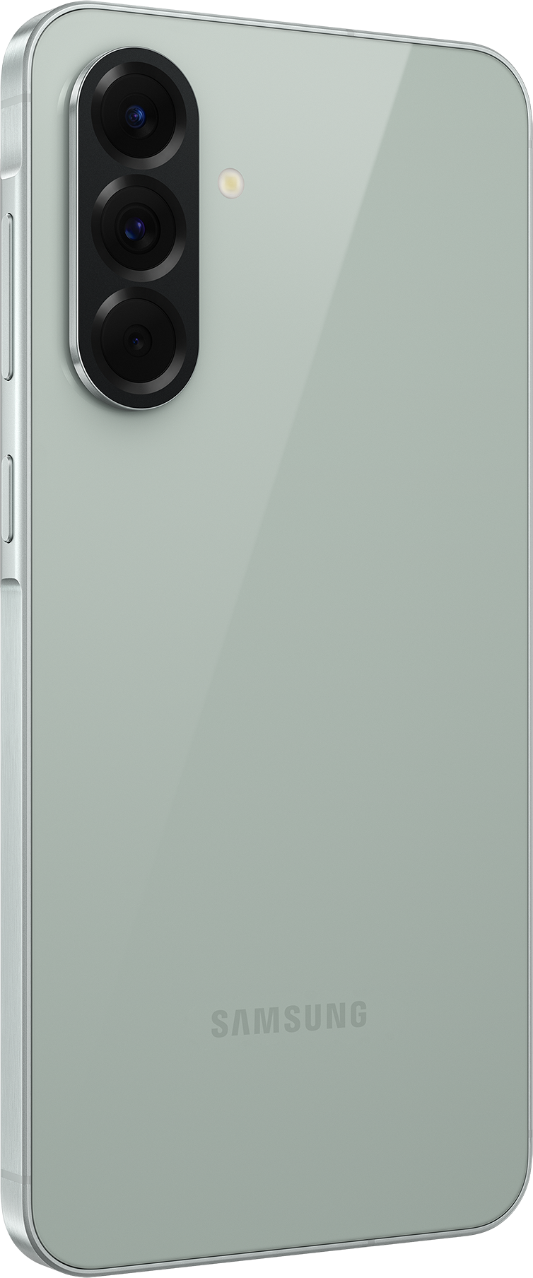 Ein mintgrünes Samsung-Handy, Rückansicht, mit drei vertikal ausgerichteten Kameras. Das Samsung-Logo ist sichtbar.