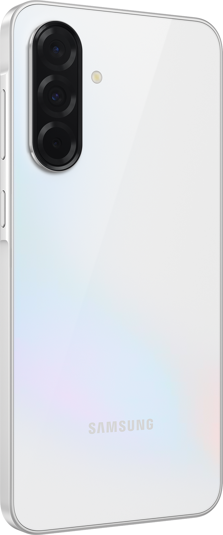 Image montrant le côté d'un téléphone, corps blanc, avec bouton et caméra.