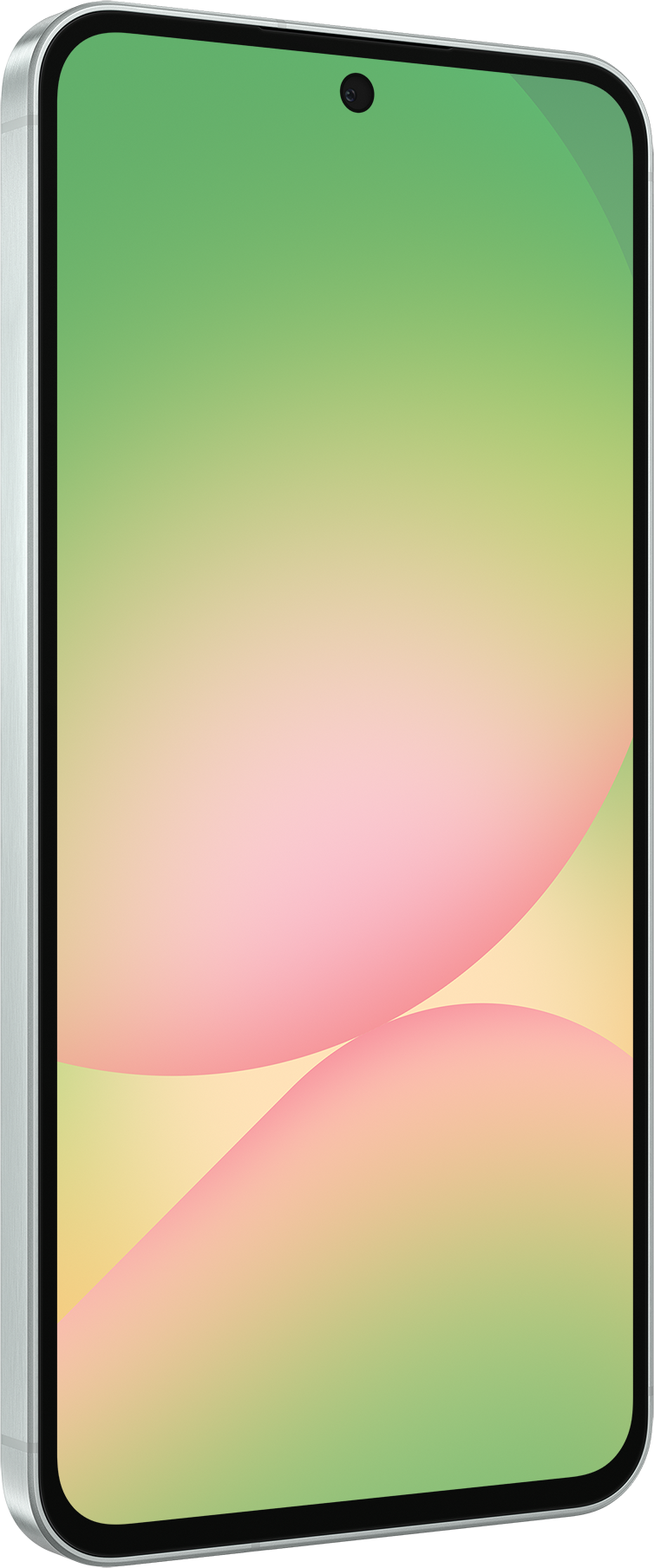Ein silbernes Smartphone zeigt ein farbenfrohes abstraktes Design aus rosa und grünen Formen vor einem Gradienten-Hintergrund.
