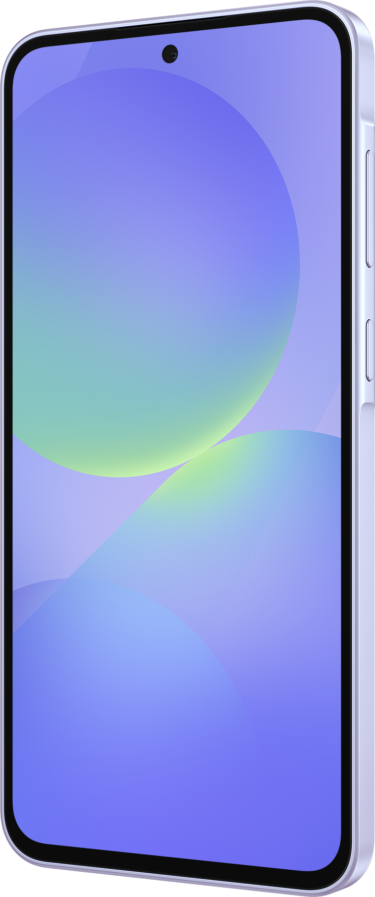 Vue latérale du smartphone. L'écran présente un dégradé de teintes bleues et violettes.