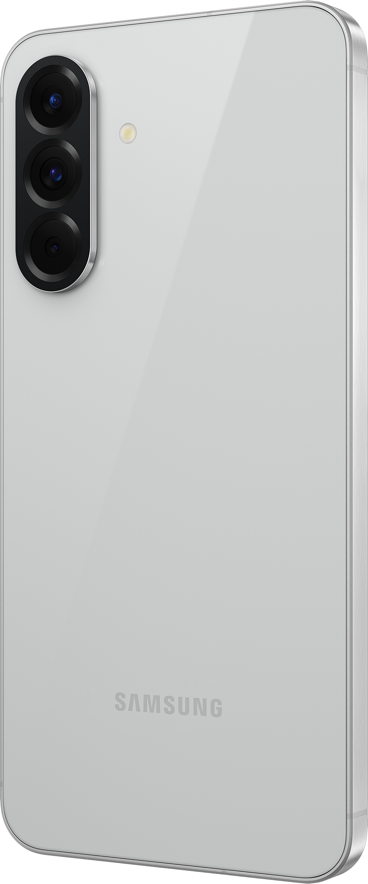 Retro di un telefono Samsung bianco. Ha tre obiettivi, un flash e il logo Samsung.