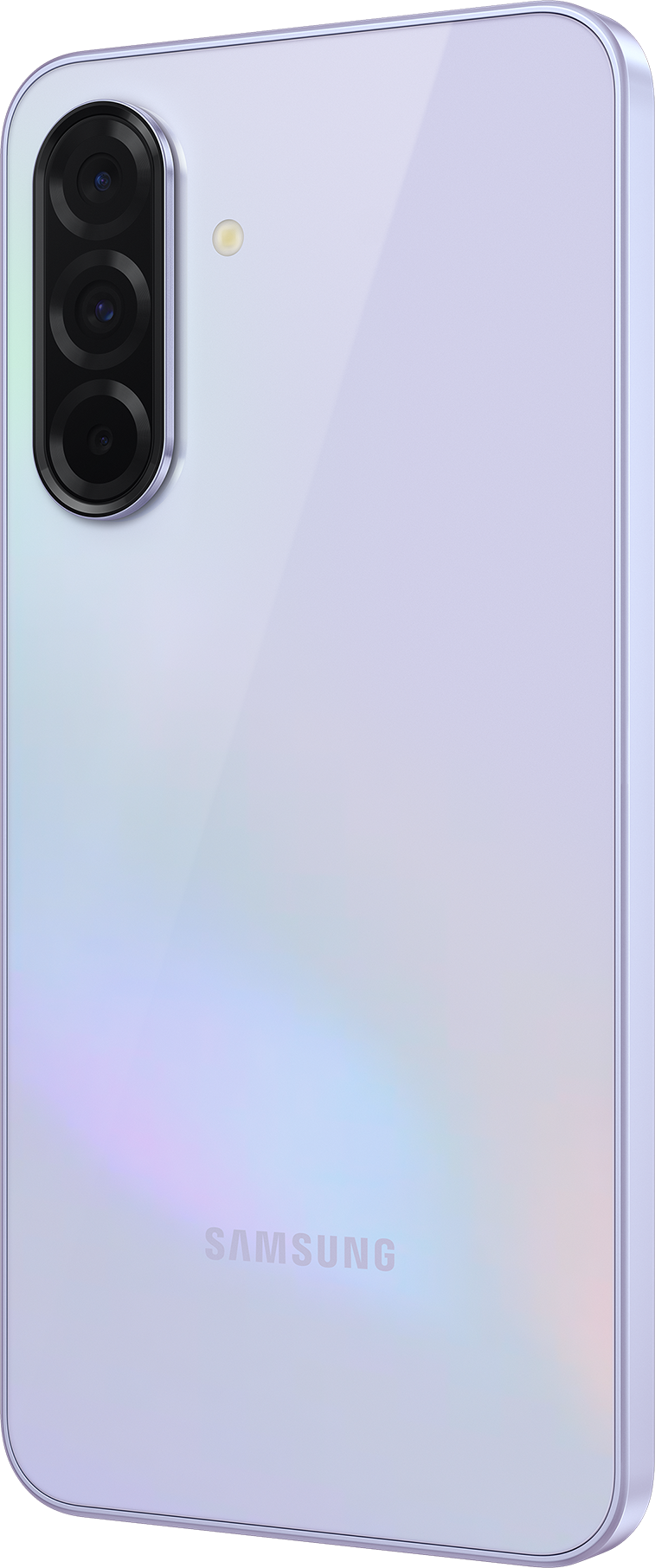 Un smartphone blanc, vue arrière, avec trois objectifs de caméra en rangée verticale. Le mot SAMSUNG est visible.