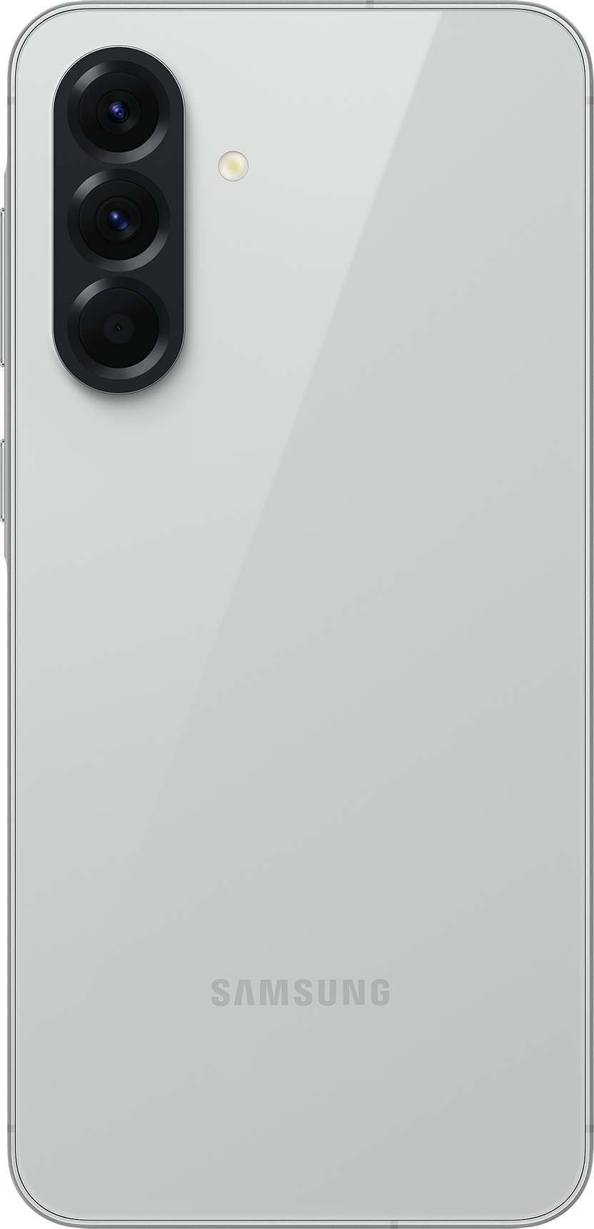 Il retro di un telefono Samsung bianco con tre fotocamere posteriori e un logo Samsung.
