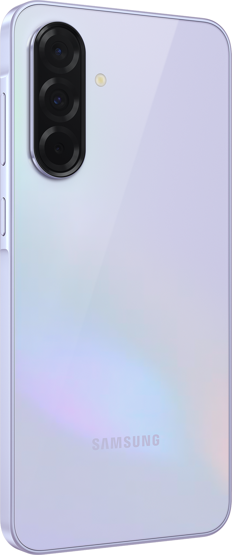 Un smartphone blanc-violet avec trois caméras à l'arrière. Le logo Samsung est visible.