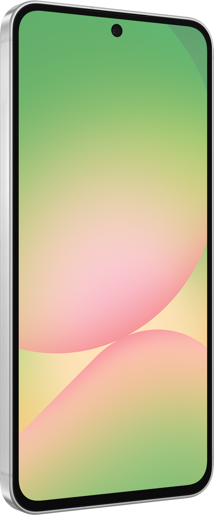 Ein Smartphone mit einem farbenfrohen Hintergrund. Das Telefon ist silberfarben mit einer einzelnen Kameralinse.