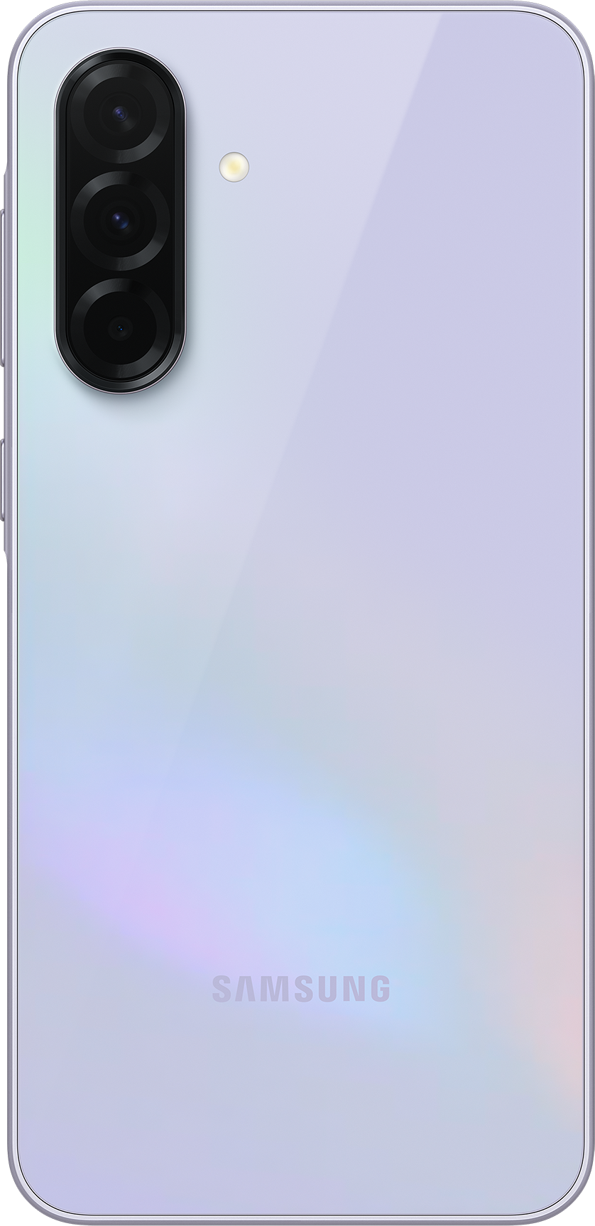 Rückseite eines weißen Smartphones mit Dreifachkameras und einem Samsung-Logo unten.