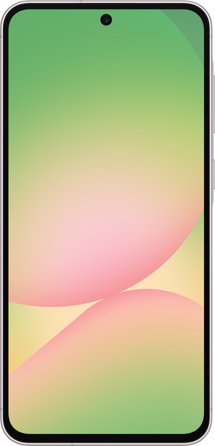 Smartphone con sfondo sfumato. Rosa e verde si fondono sullo schermo. Cornice nera laterale.