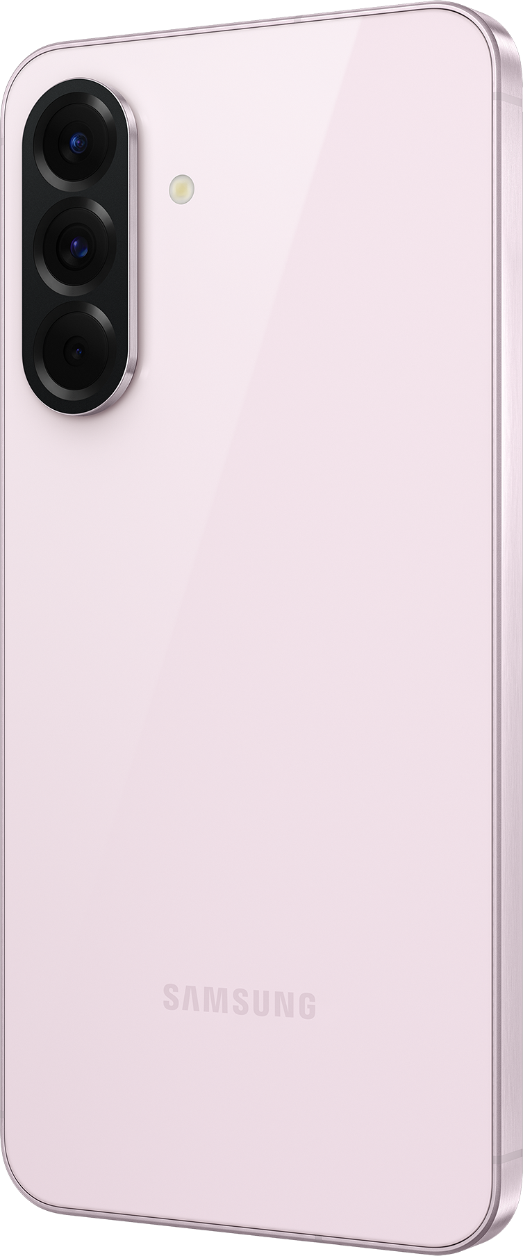Il retro di un telefono rosa con tre obiettivi e il logo SAMSUNG è mostrato.