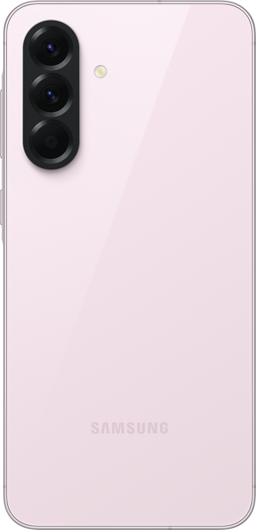 Il retro di uno smartphone rosa. Ha tre fotocamere e la parola SAMSUNG.