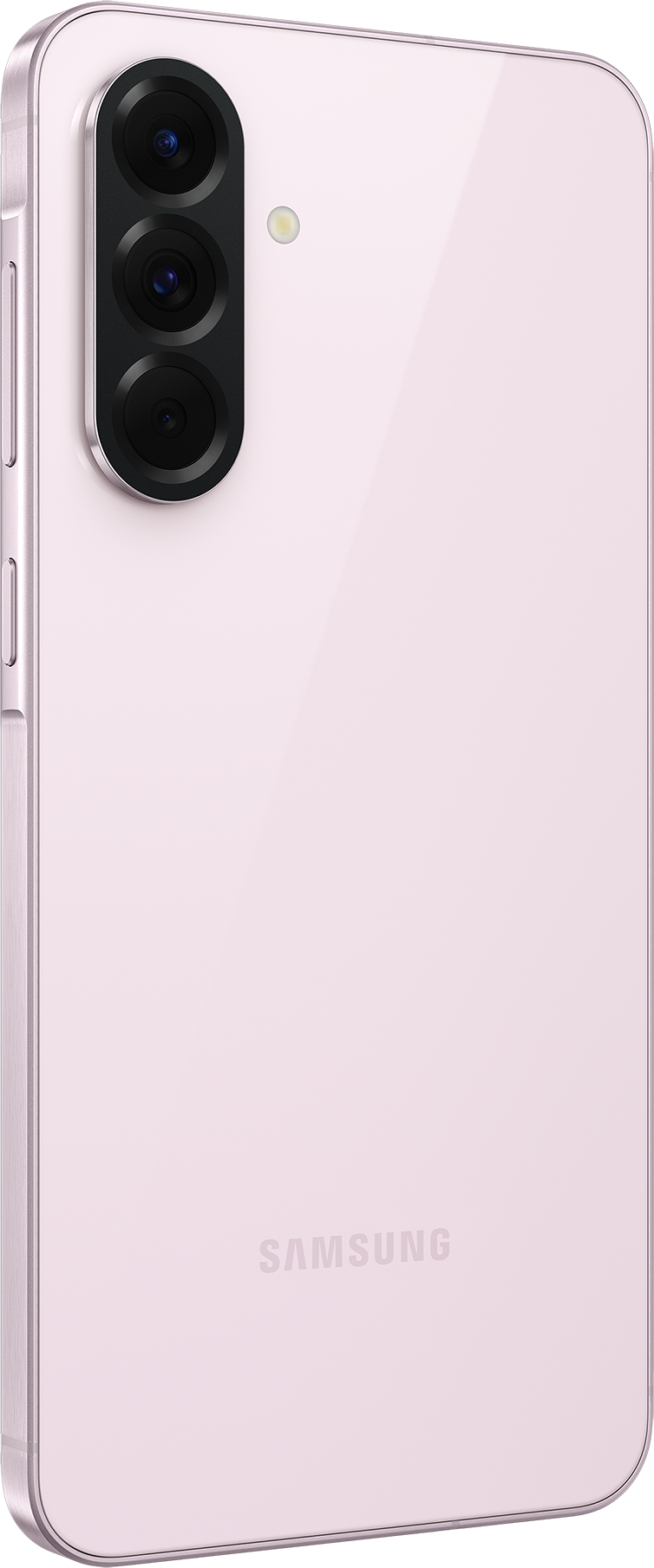 Uno smartphone rosa, vista posteriore, con tre obiettivi e il logo Samsung.