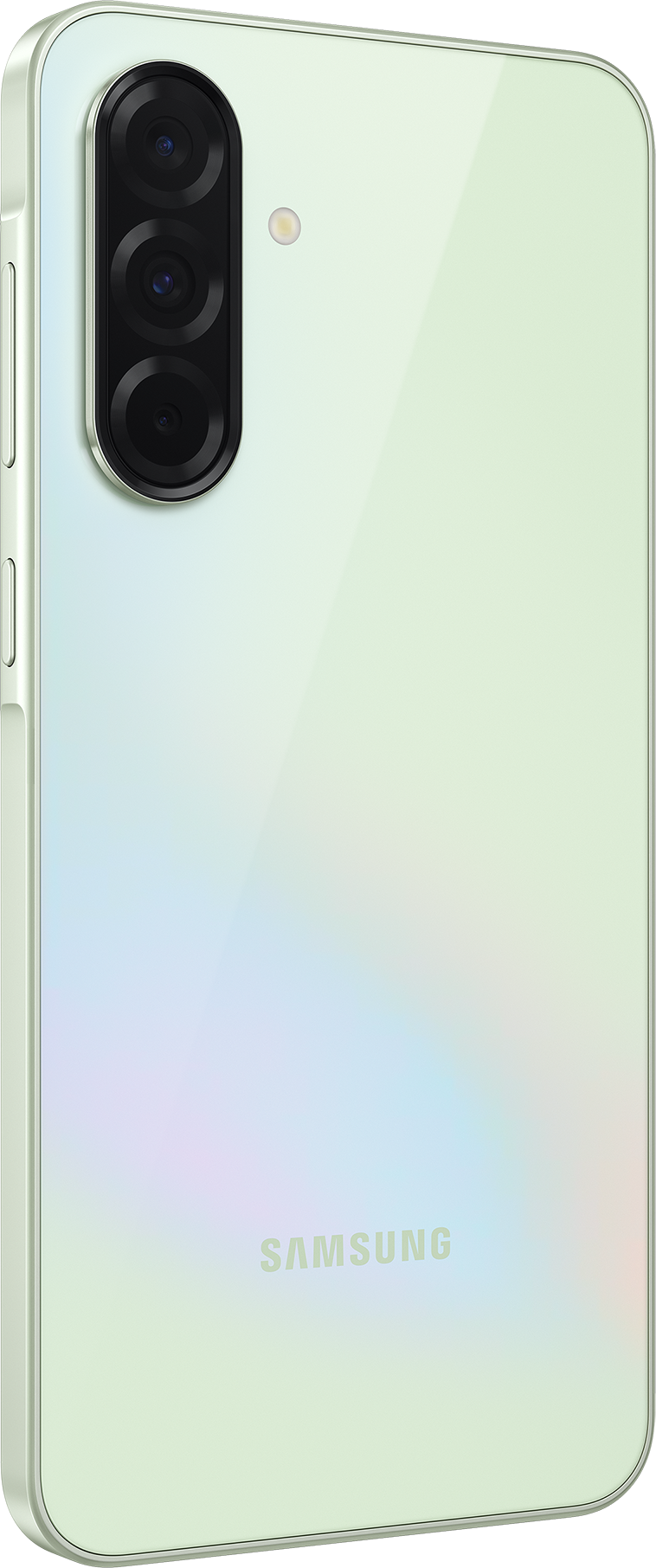 Vue arrière d'un smartphone vert clair avec des lentilles de caméra et le logo Samsung.
