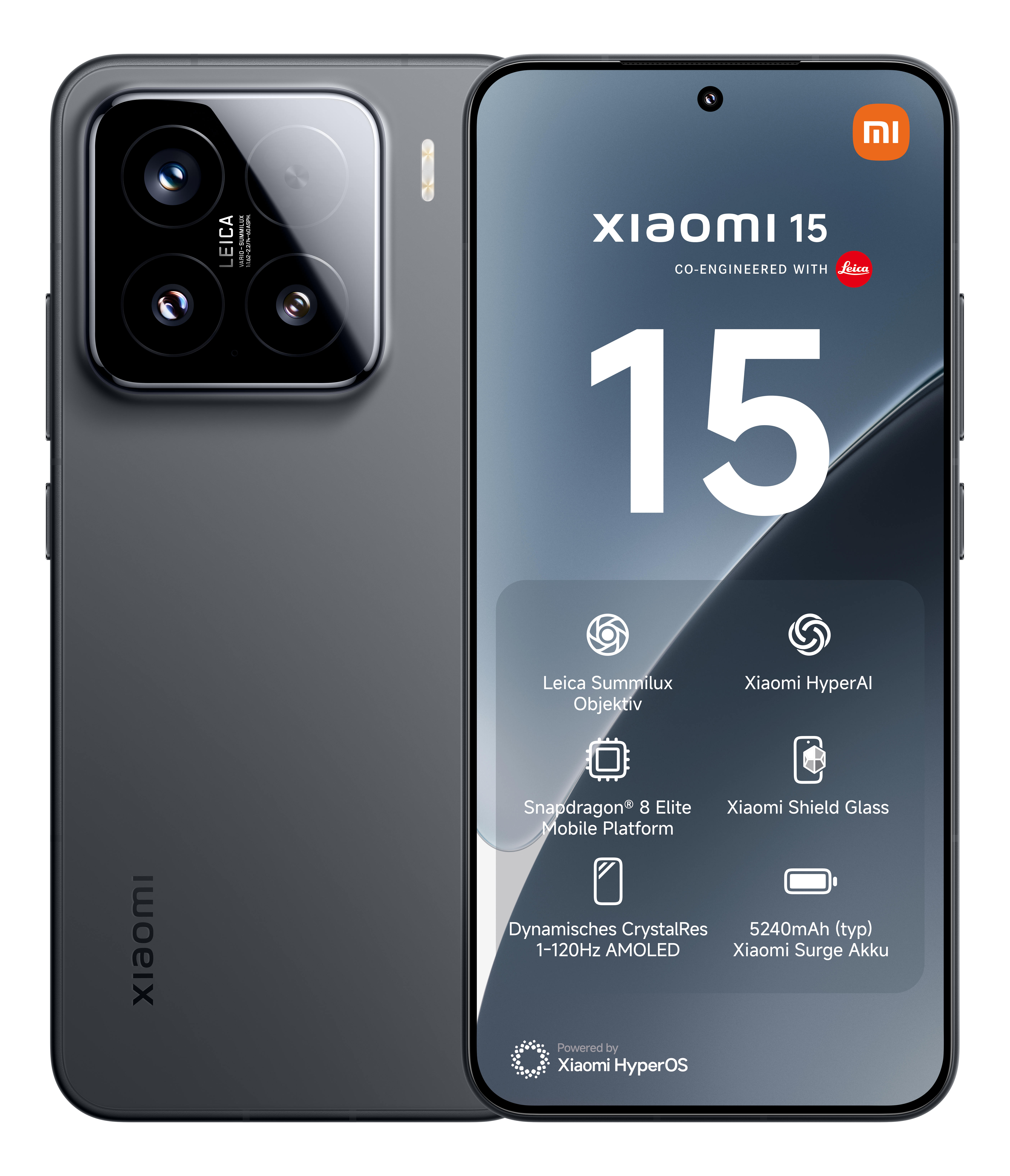 Schwarzes Xiaomi 15-Handy, Vorder- und Rückansicht, mit Leica-Kamera und detaillierten Spezifikationen.