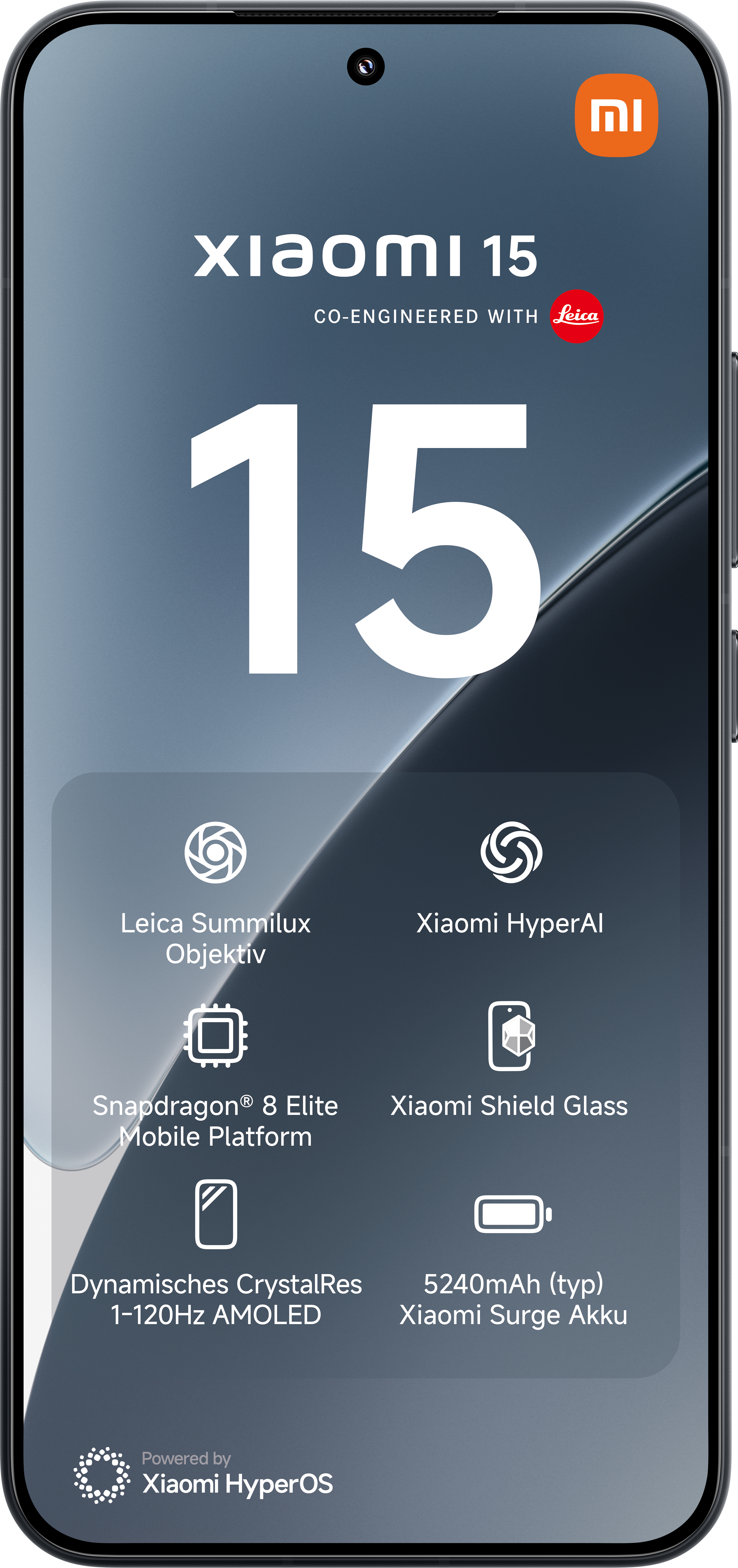 Xiaomi 15-Telefon mit mehreren Symbolen zu seinen Funktionen. Text: Xiaomi 15, co-engineered with Leica.
