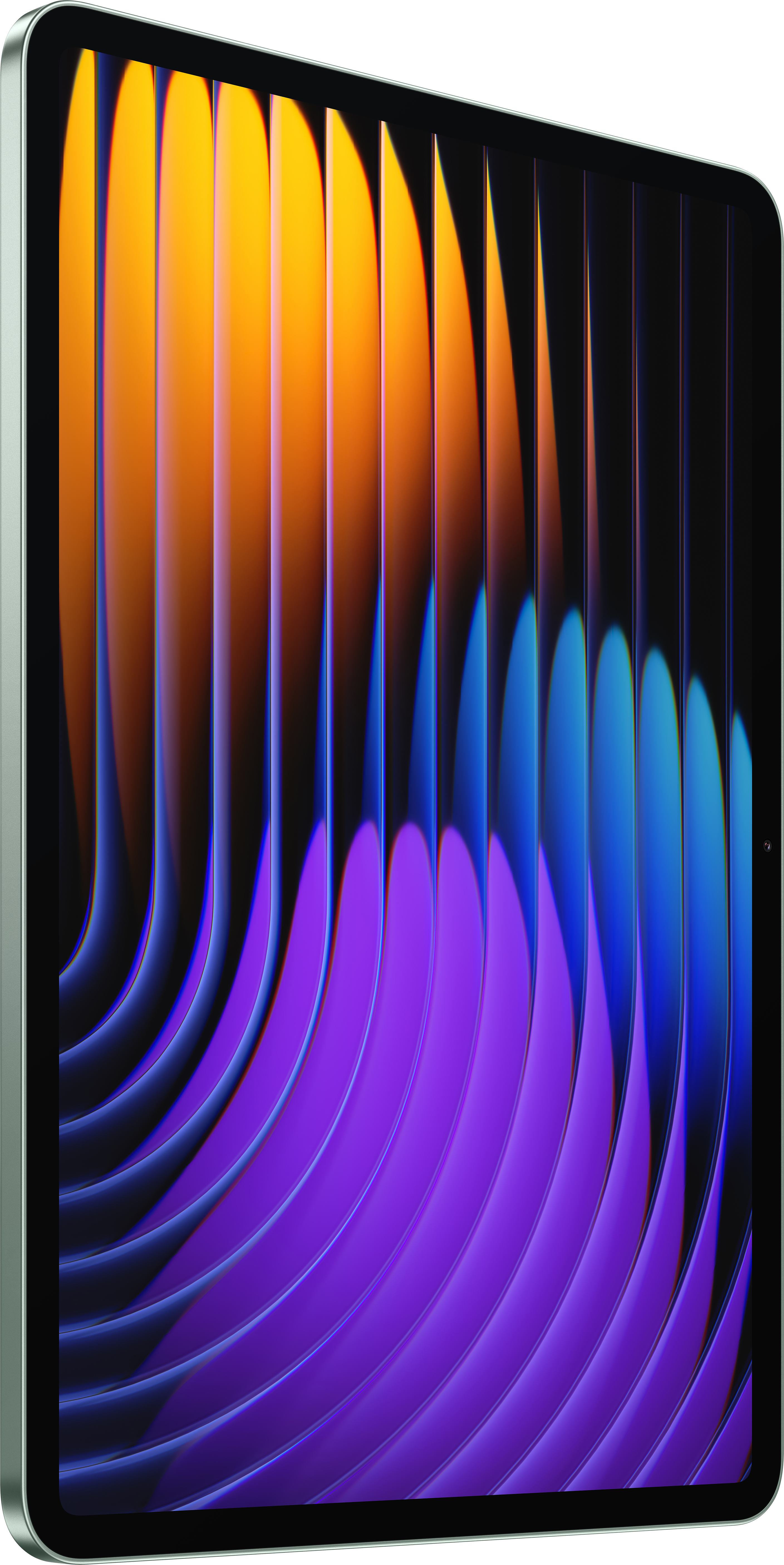 Tablet mit abstrakten, farbenfrohen Linien und Kurven. Das Tablet ist von der Seite mit hellgrünem Rahmen zu sehen.