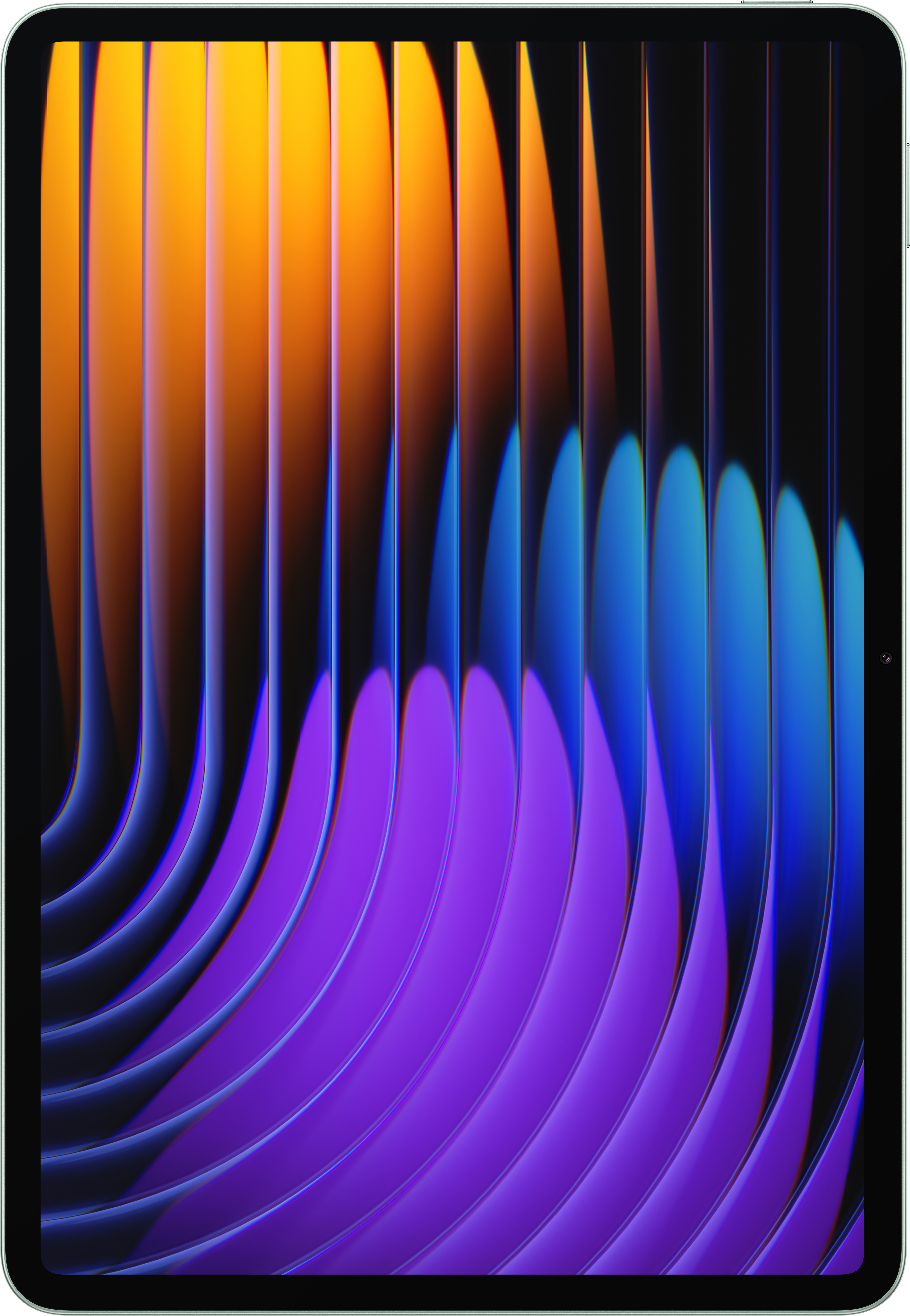 Tablet mit einem abstrakten orange, blau und lila Hintergrunddesign auf dem Bildschirm.