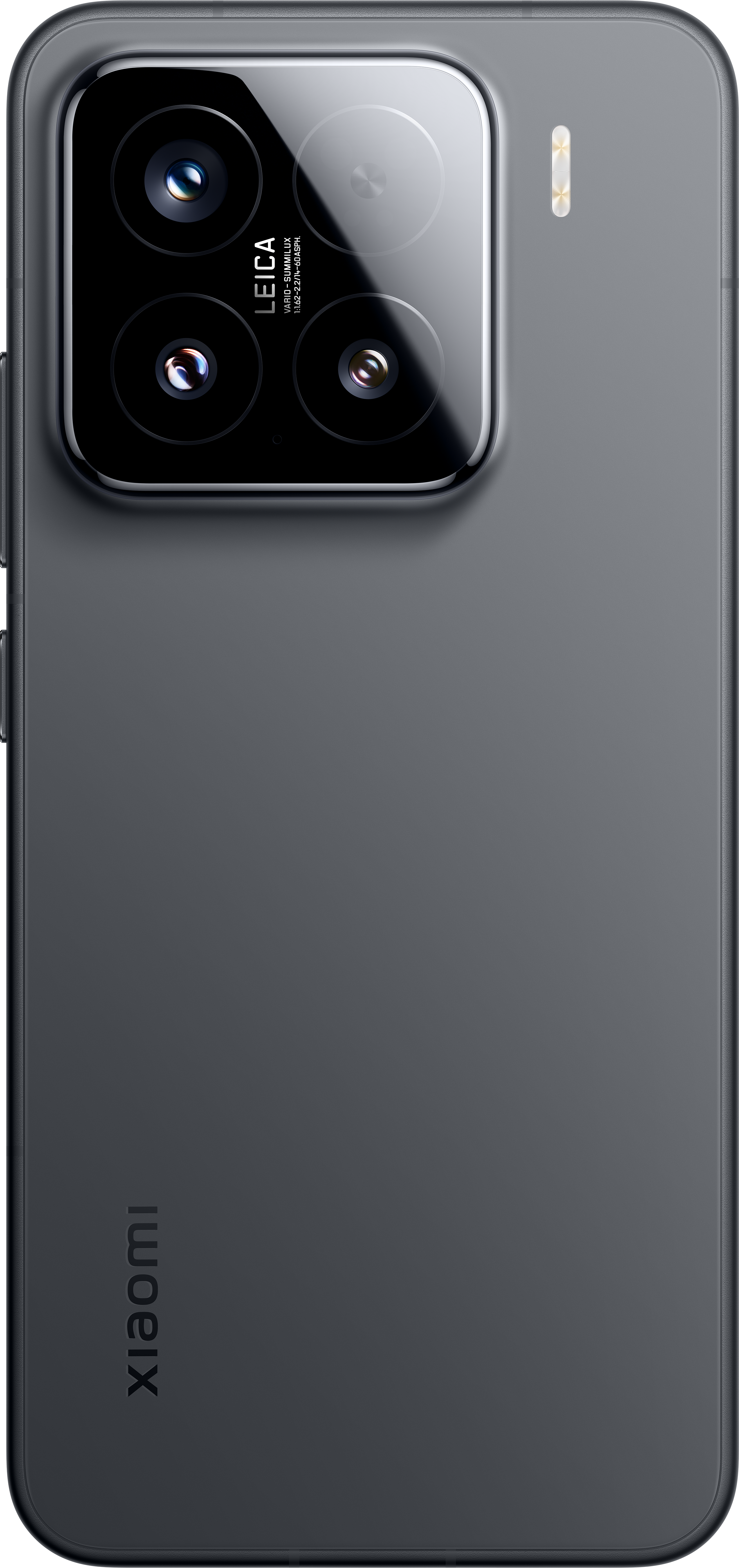 Schwarzes Xiaomi-Telefon mit Leica-Kameras, zeigt die Rückseite mit dem Xiaomi-Logo.