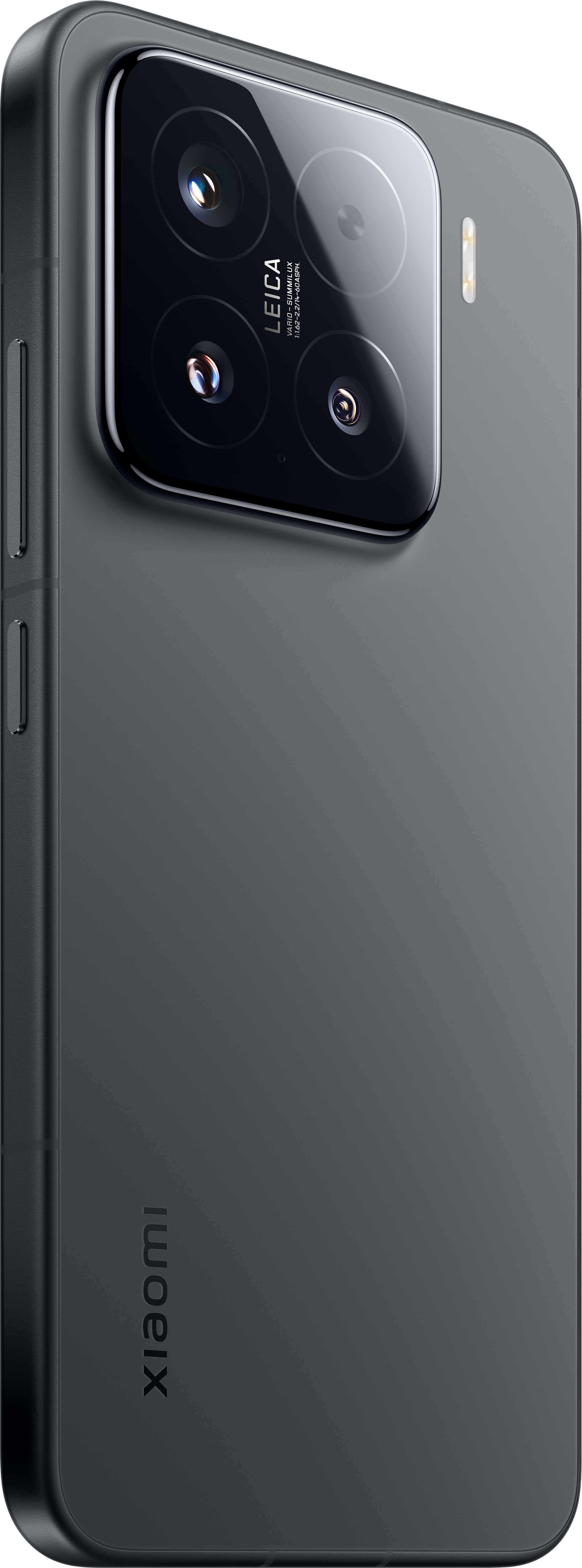 Ein dunkelgraues Smartphone mit Dreifach-Kamera und Leica-Branding.