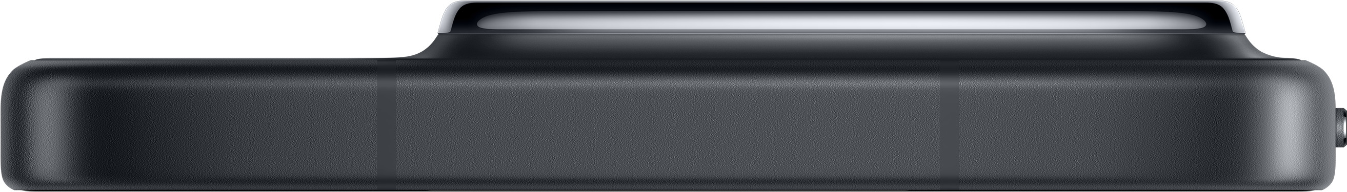 Schwarze Kamera mit silbernen Details. Die Kamera hat drei Objektive und eine flache Oberseite.