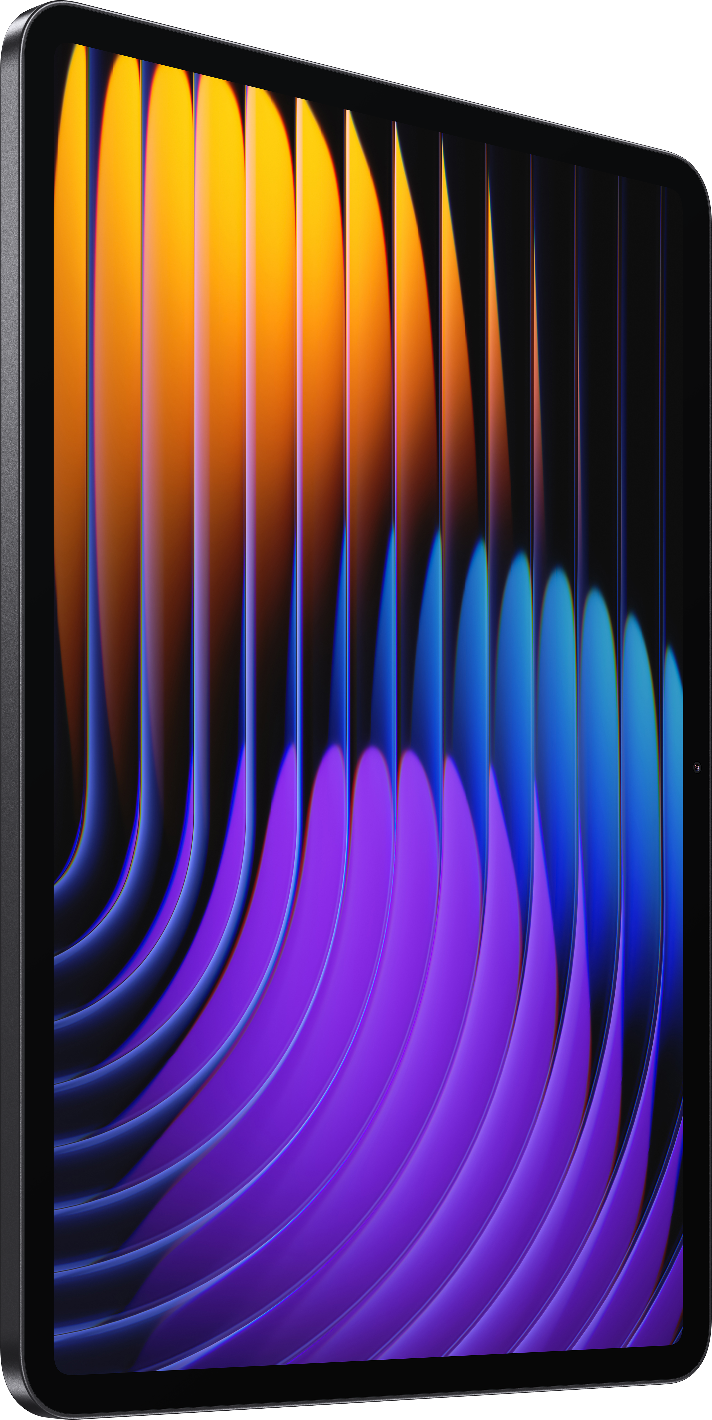 Ein schwarzes Tablet zeigt ein farbenfrohes abstraktes Design mit orangefarbenen, blauen und lila gebogenen Formen.