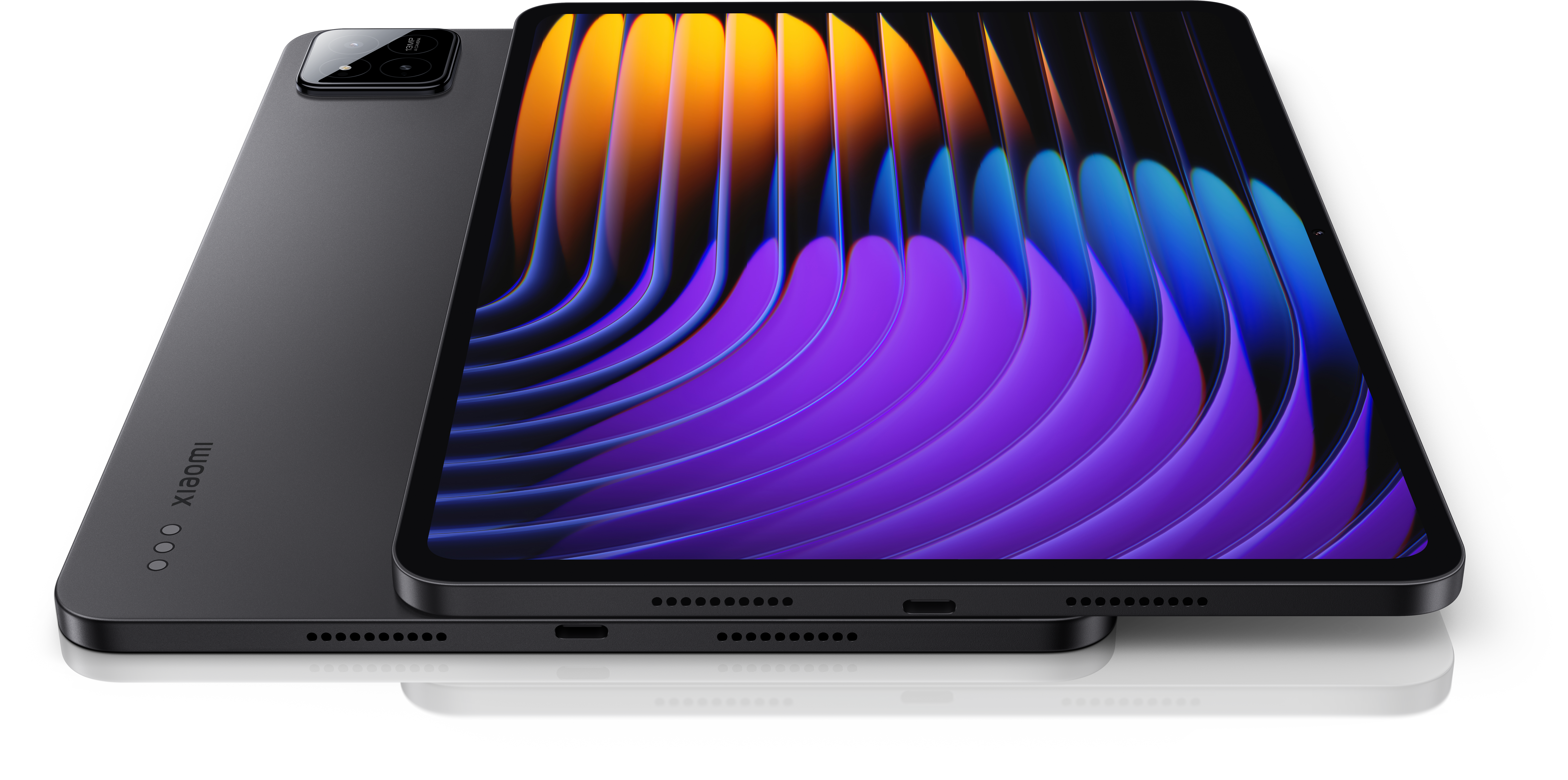 Ein Tablet mit Kameramodul. Ein farbenfroher Hintergrund ist auf dem Bildschirm.