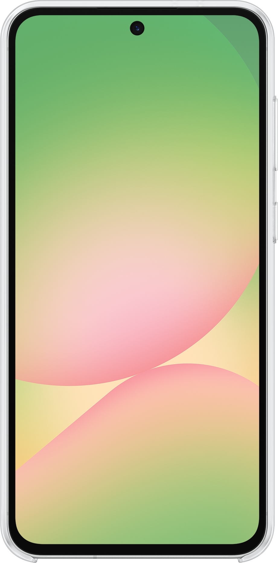 Un telefono con gradiente verde, rosa e giallo è esposto su una cover bianca.