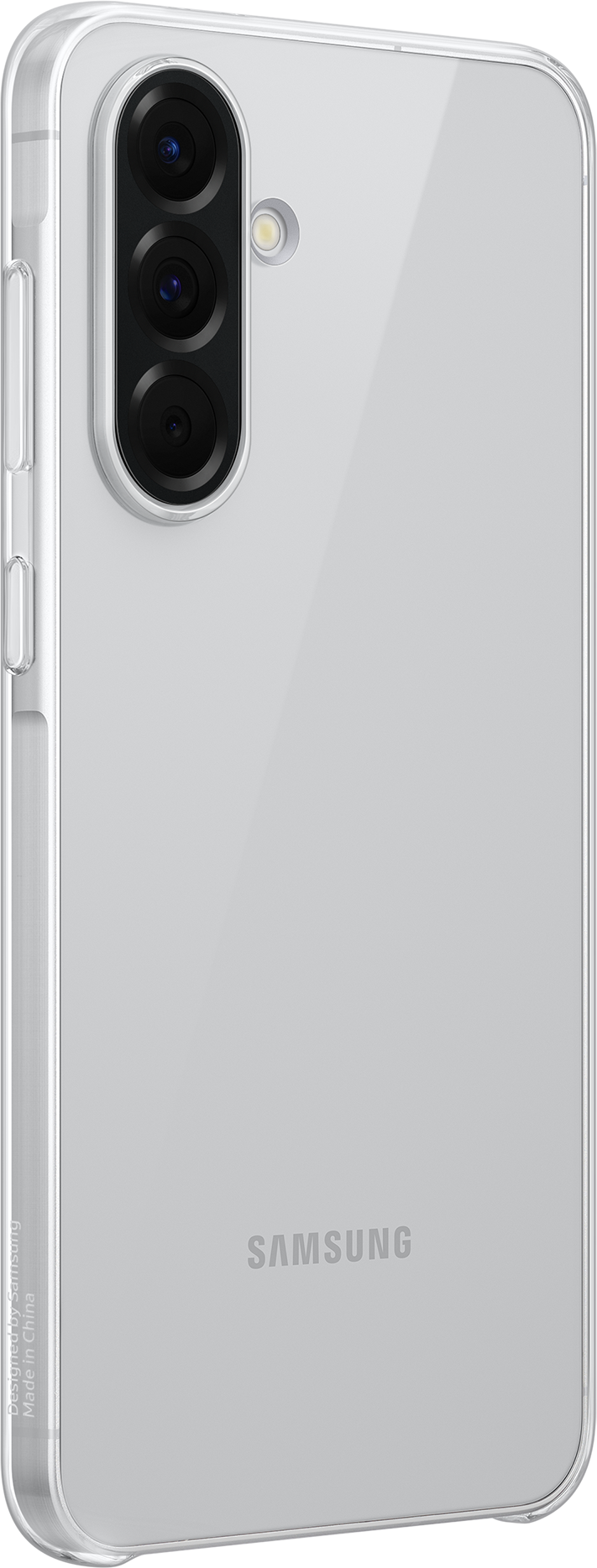 Un telefono bianco con fotocamera posteriore è mostrato in una custodia trasparente.