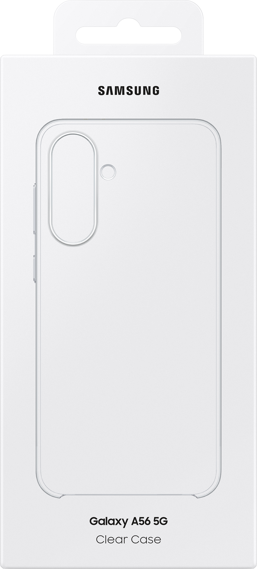 Custodia trasparente per telefono in una scatola bianca con logo Samsung e etichetta Galaxy A56 5G.