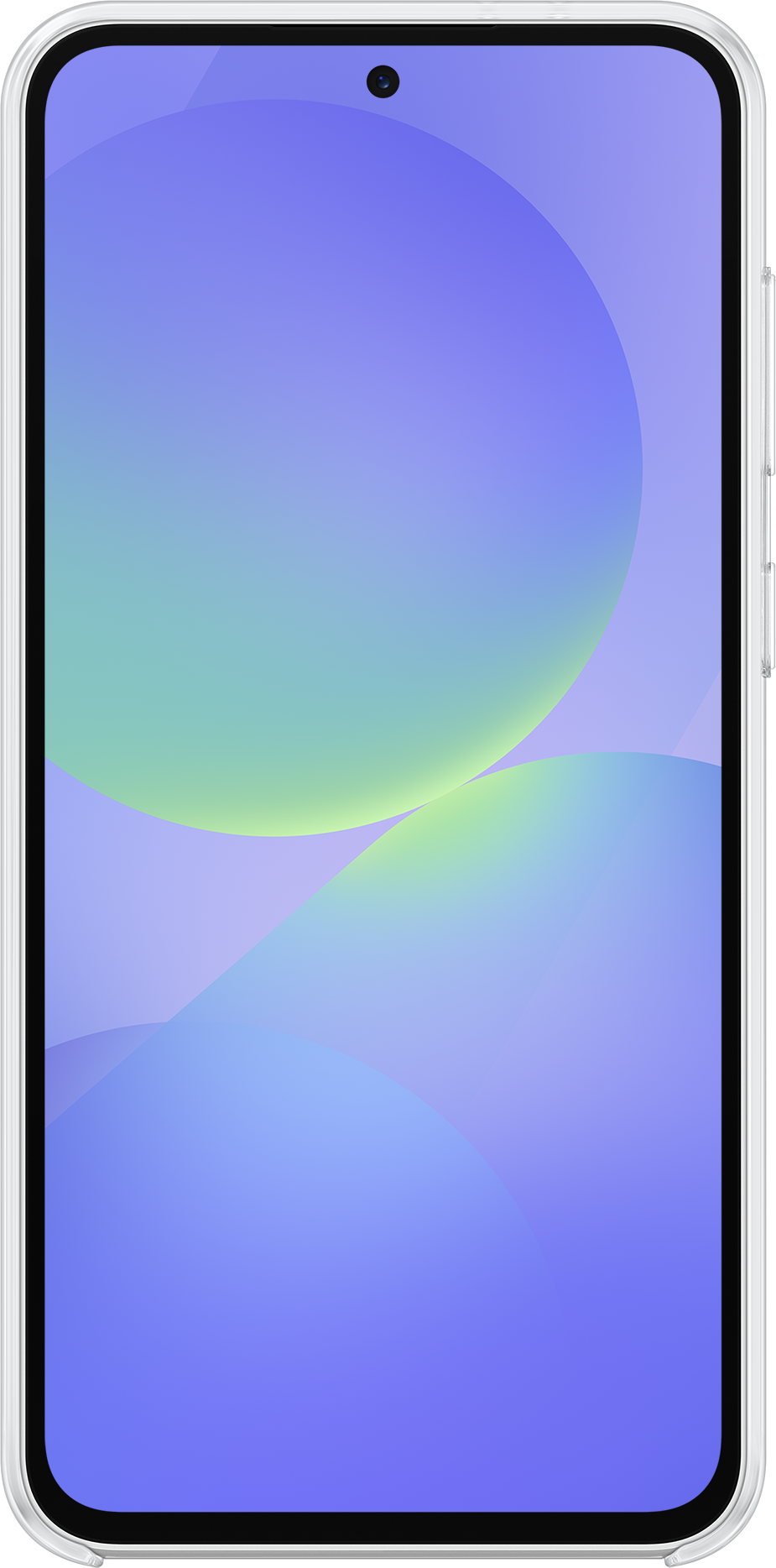 Uno smartphone con schermo che mostra cerchi blu e verdi. Cornice bianca. Verticale.