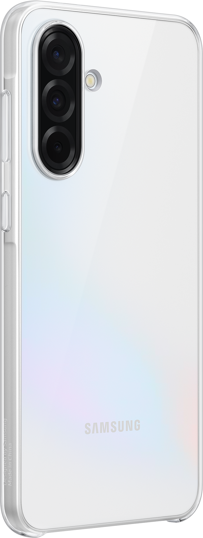 Un telefono bianco con fotocamera è mostrato in una custodia trasparente.