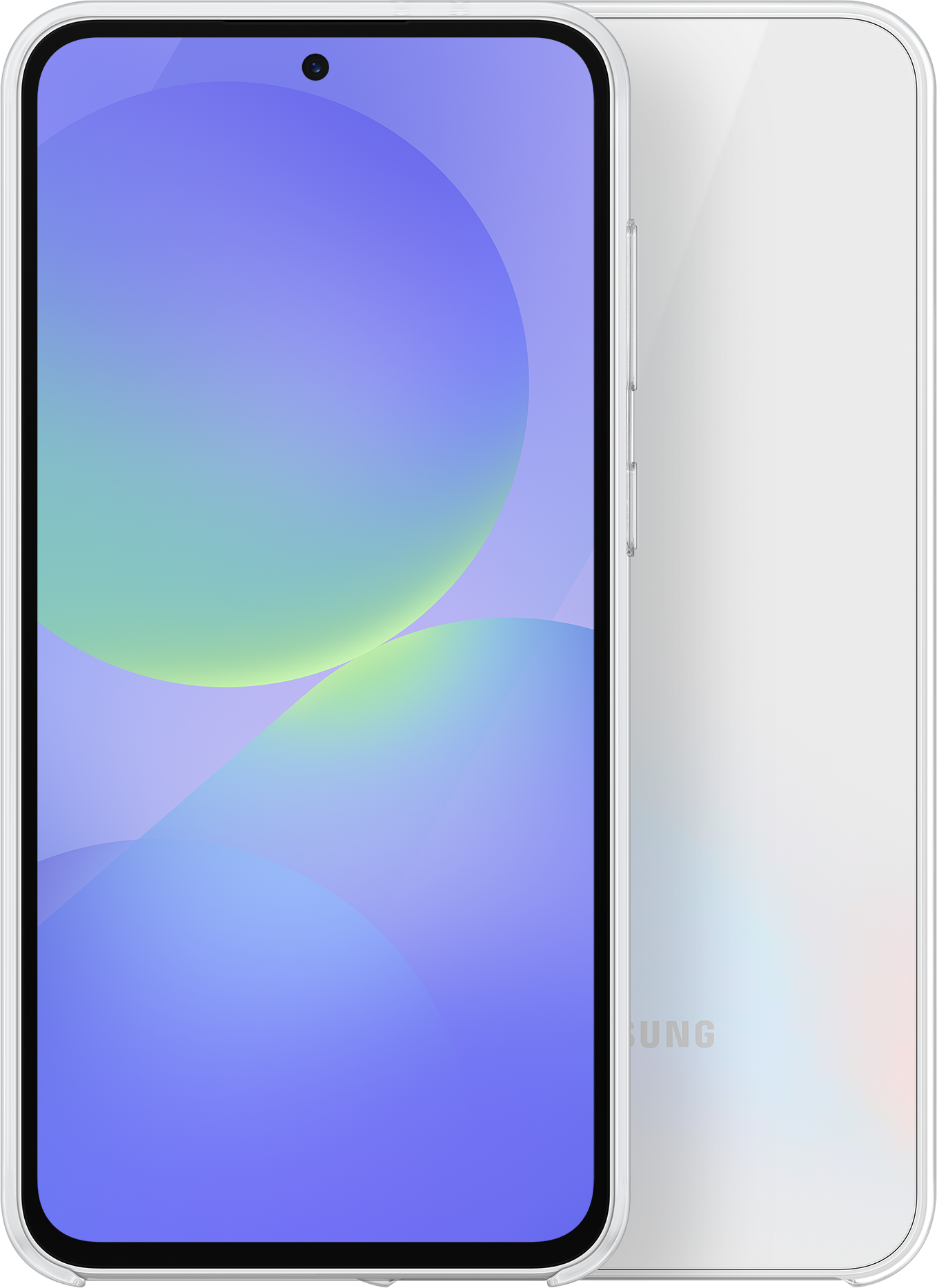 Uno smartphone bianco con custodia trasparente. Schermo mostra un design viola e blu.