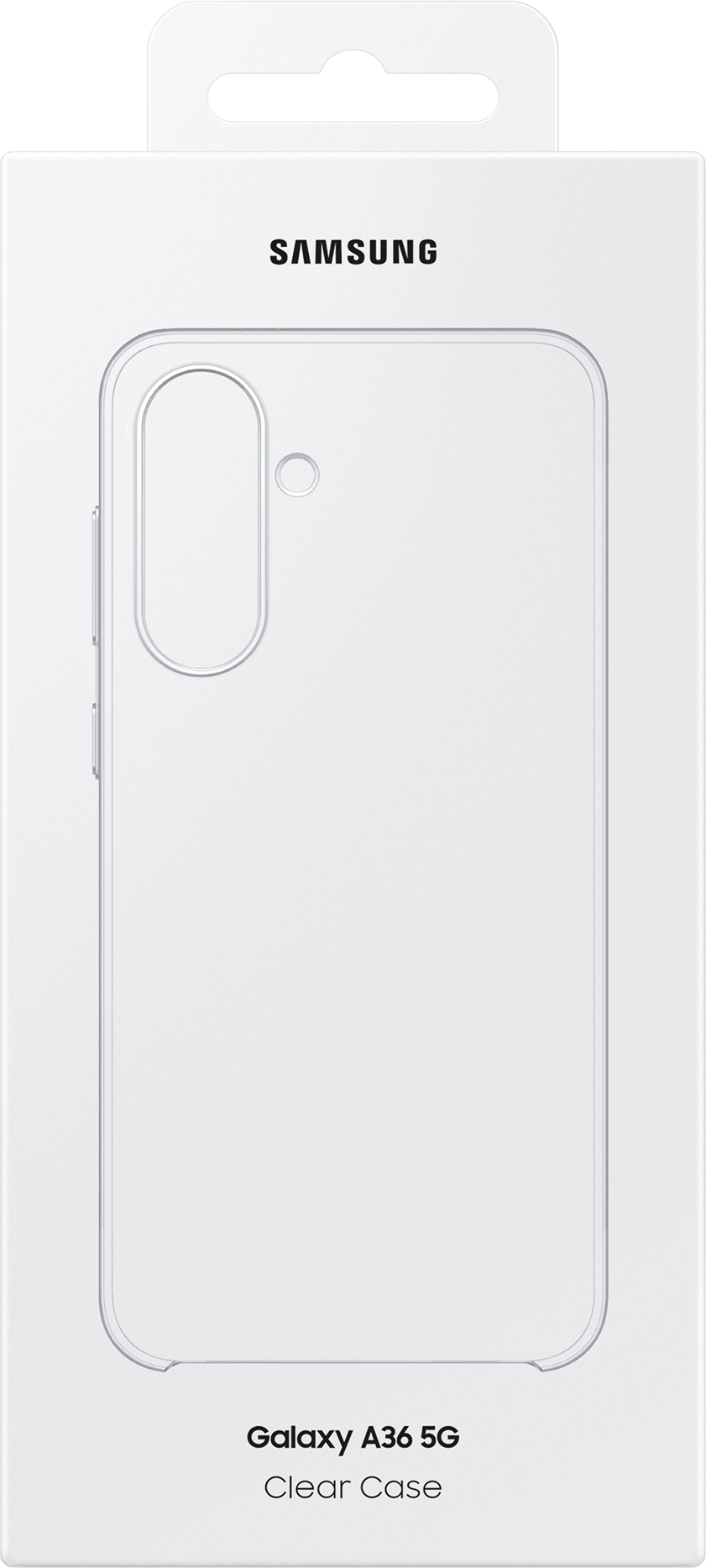 Scatola bianca con logo Samsung, contorno custodia e testo Galaxy A36 5G.