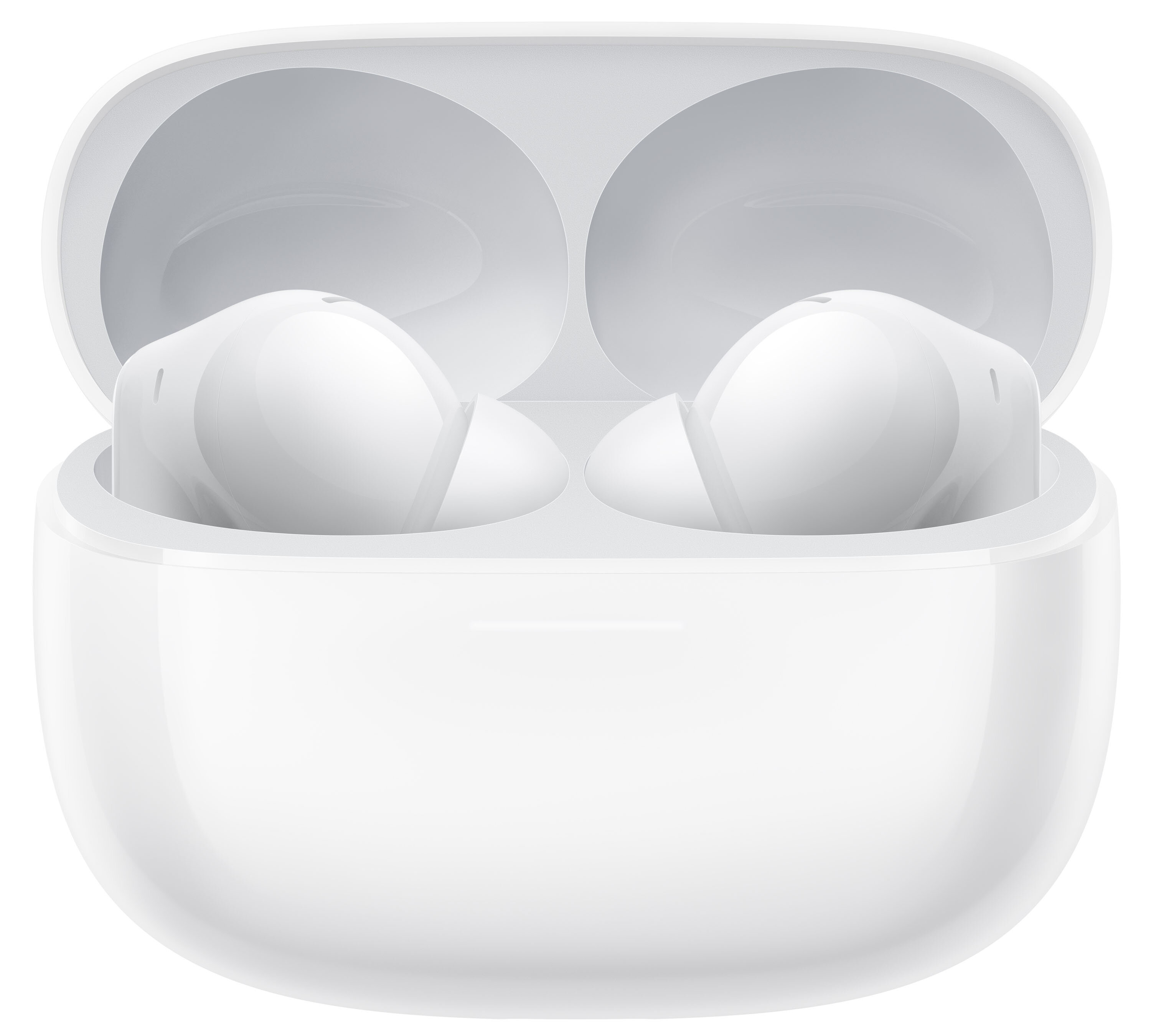 Białe etui ładujące z dwoma białymi słuchawkami w środku. Słuchawki mają owalny kształt.