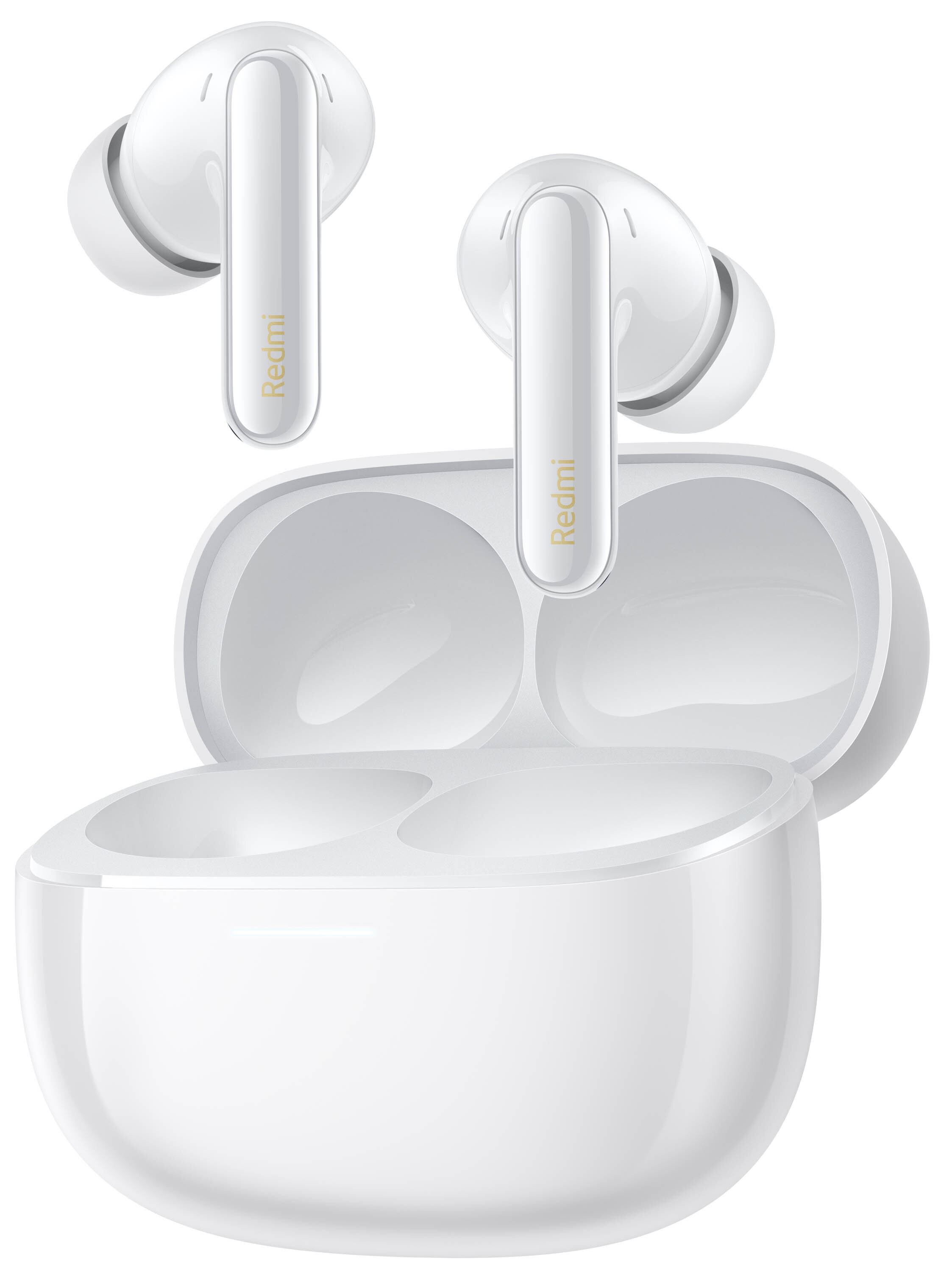 Białe bezprzewodowe słuchawki douszne i etui ładujące. Słuchawki mają logo Redmi.