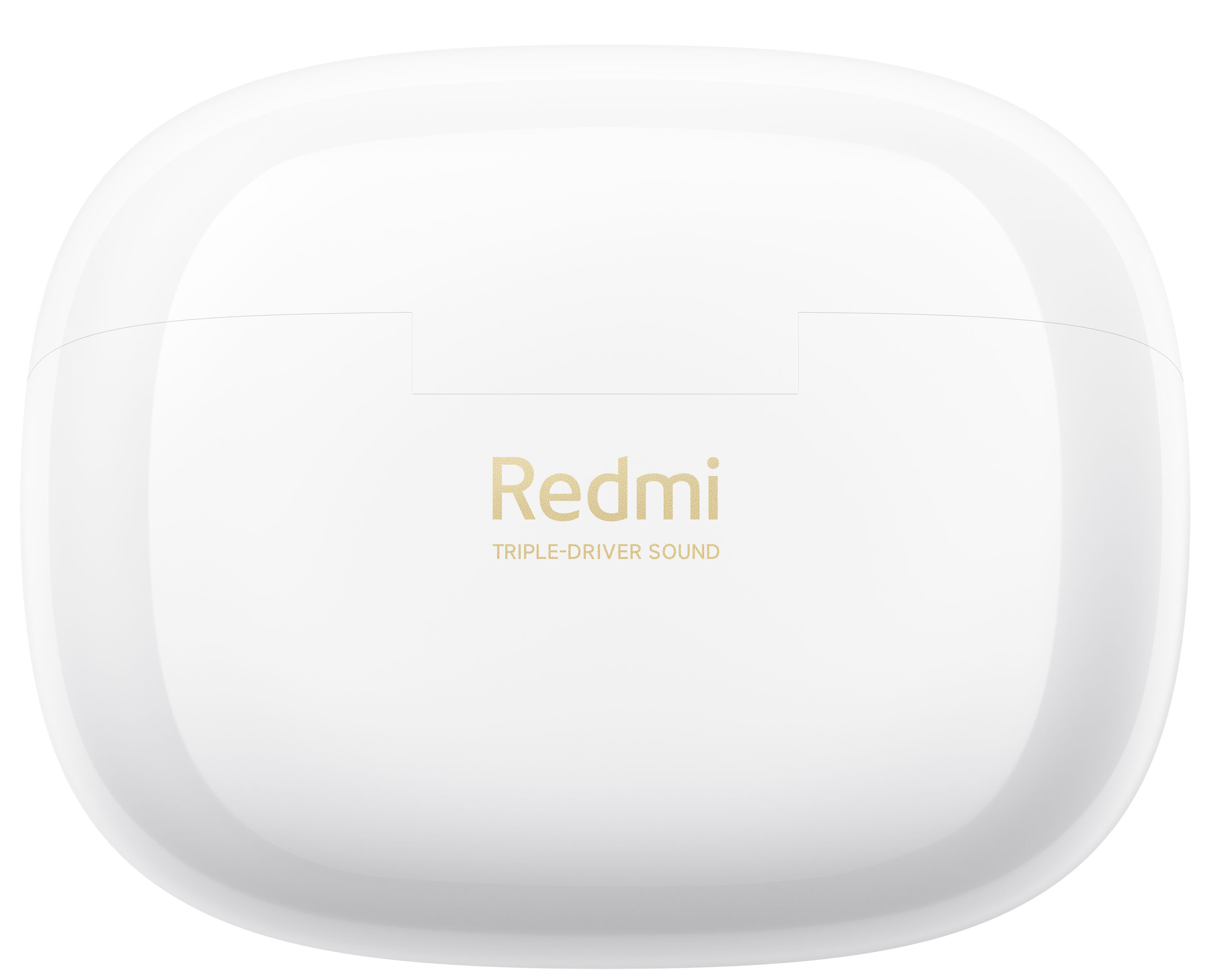 Białe etui na słuchawki Redmi. Tekst 'Redmi TRIPLE-DRIVER SOUND' jest złotymi literami.