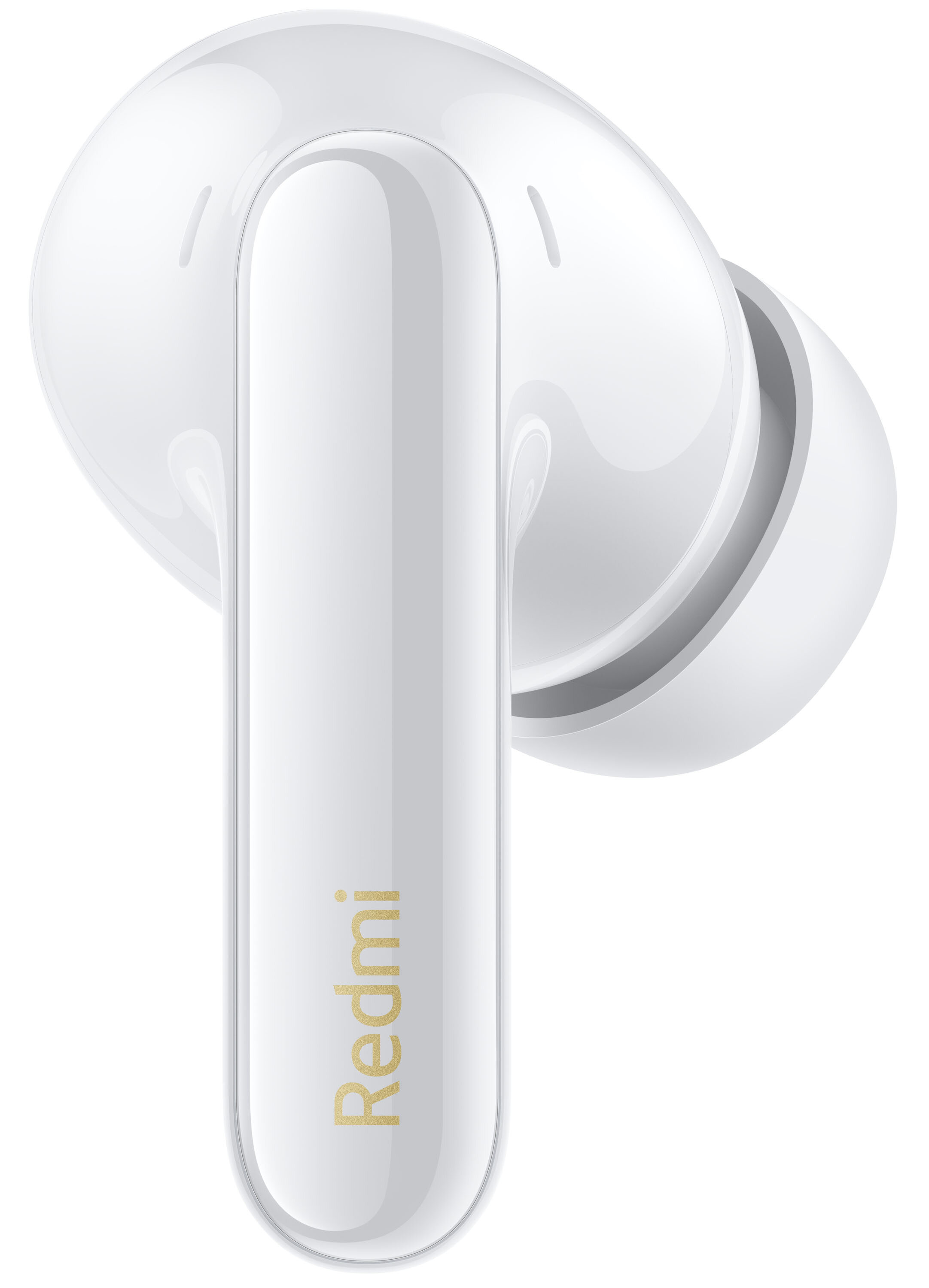 Biała słuchawka Redmi. Złoty tekst Redmi na trzonku.