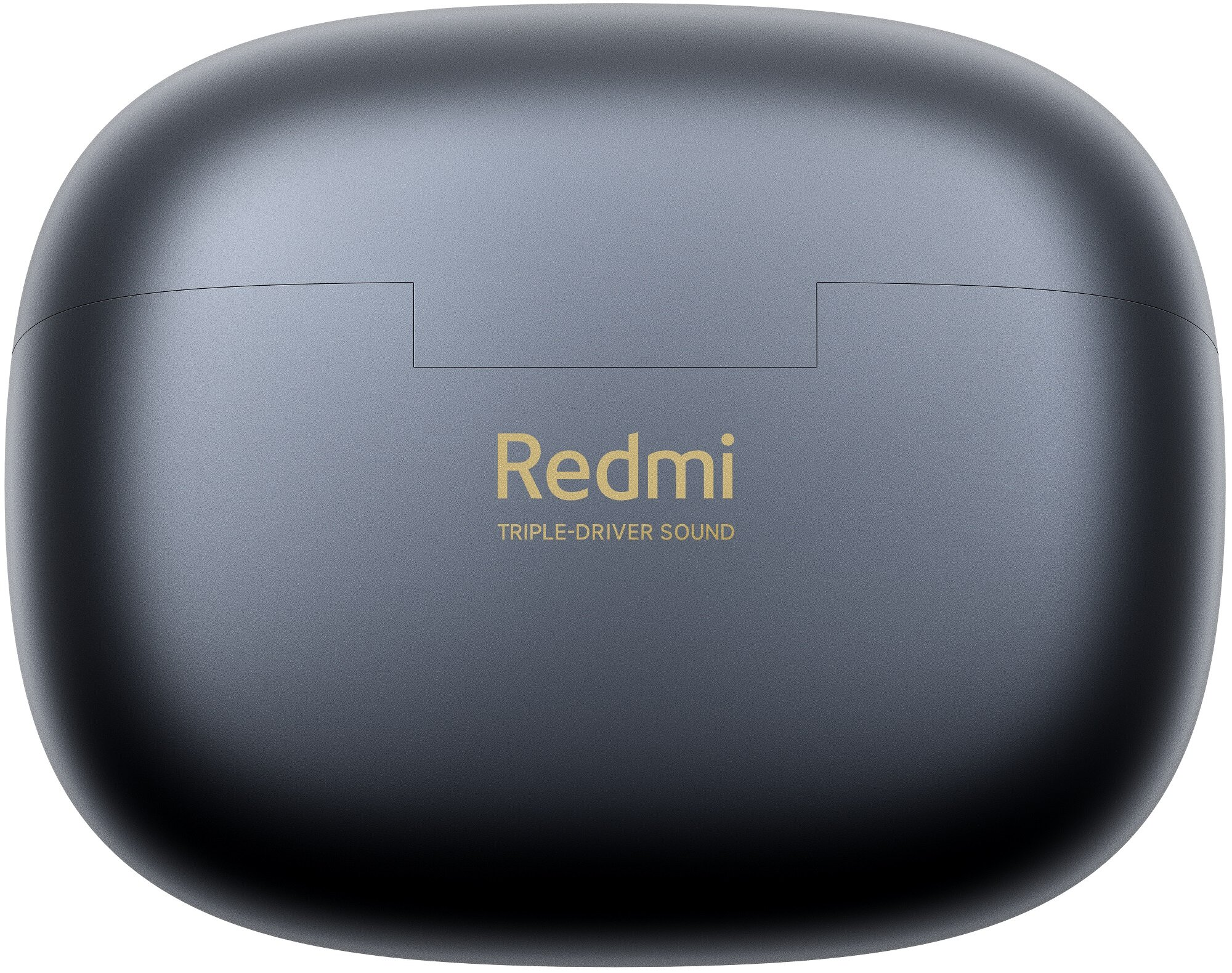 Ciemnoszara obudowa słuchawek Redmi ze złotym napisem Redmi.