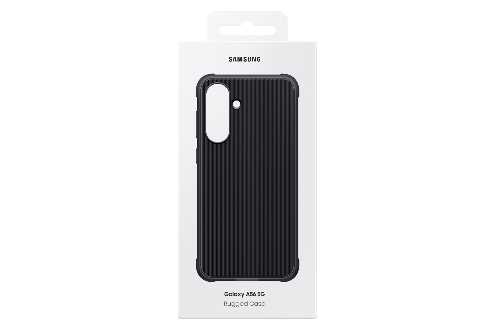 Opakowanie etui na telefon pokazuje czarne etui z pionowymi liniami i logo Samsung.