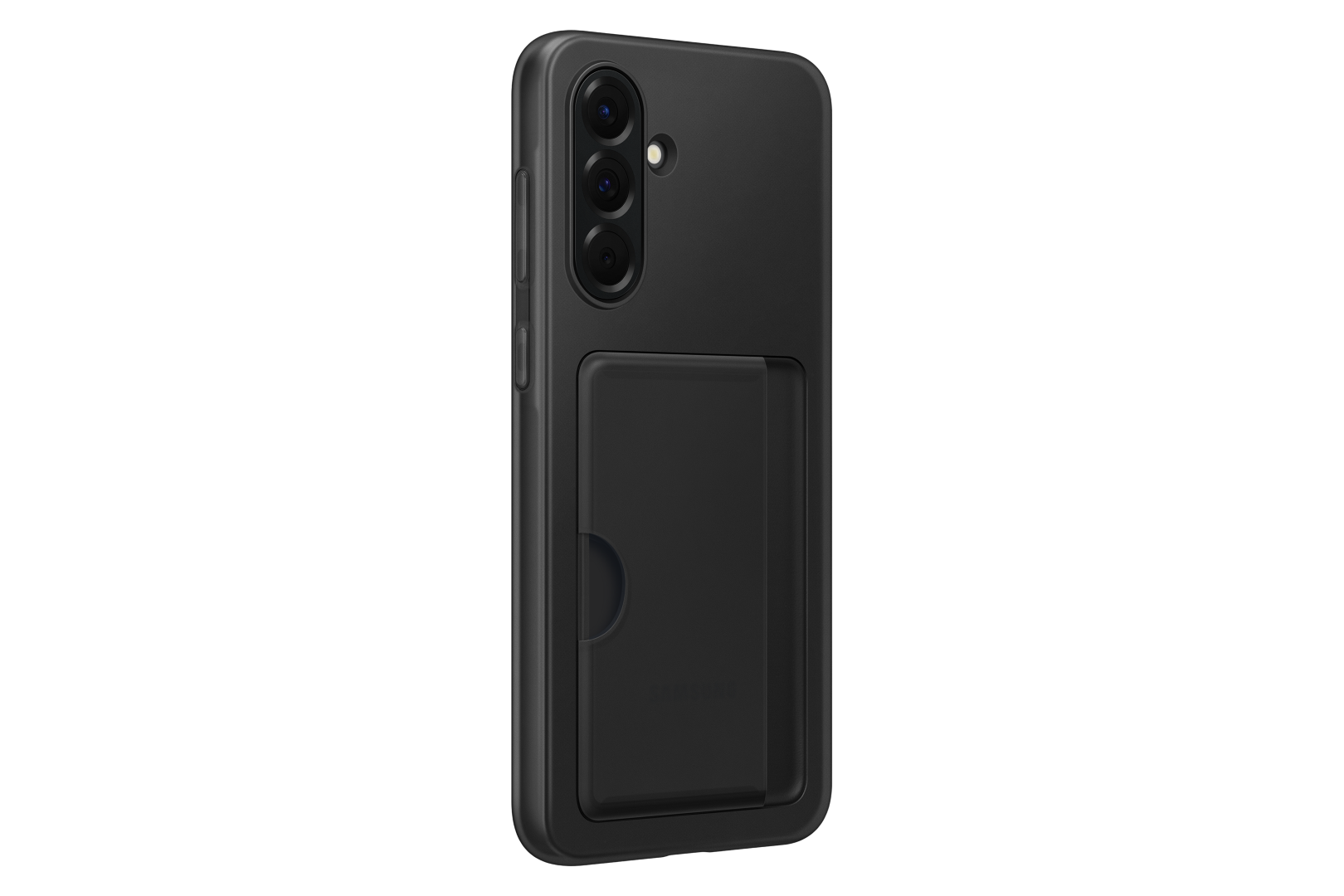 Czarne etui na telefon z uchwytem na karty jest wyświetlane na czarnym tle.