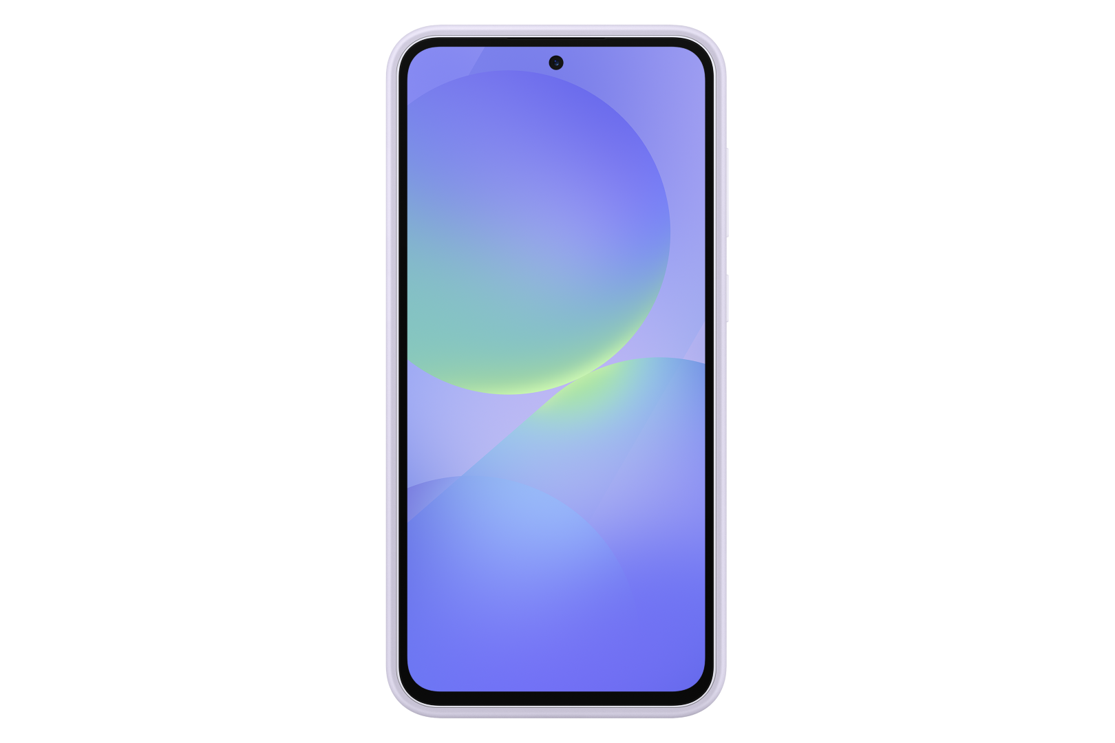 Ekran smartfona z abstrakcyjnymi niebieskimi i zielonymi kształtami na czarnym tle.