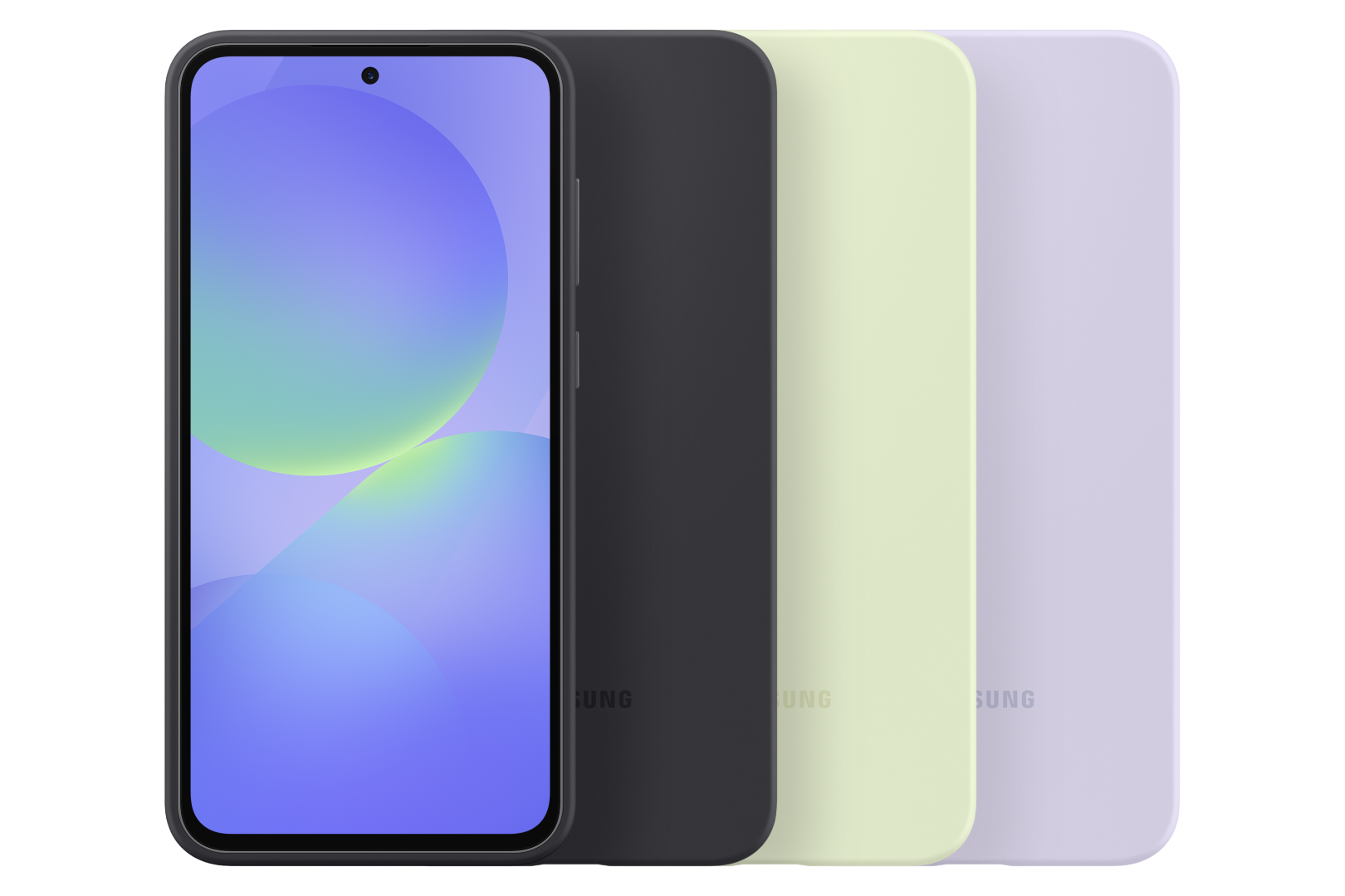 Pokazano trzy telefony, jeden z włączonym ekranem i trzy etui. Etui są czarne, zielone i fioletowe.