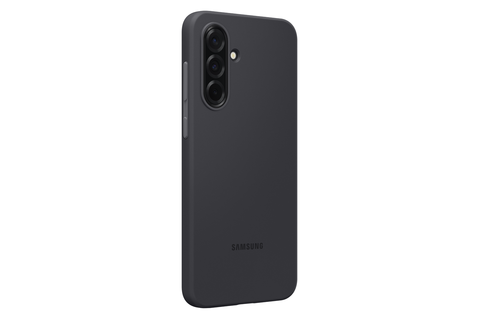 Ciemnoszare etui na telefon z logo Samsung wyświetlane na czarnym tle.