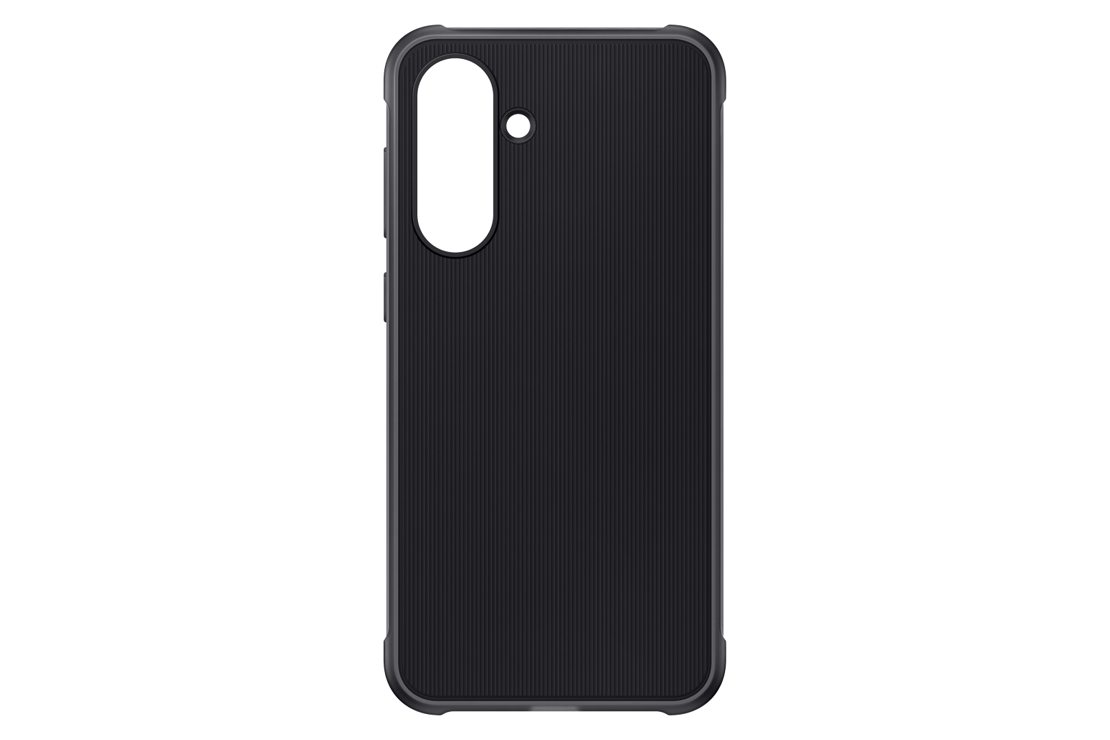 Czarne etui na telefon z czarnym wycięciem na aparat. Etui ma pionowe linie.