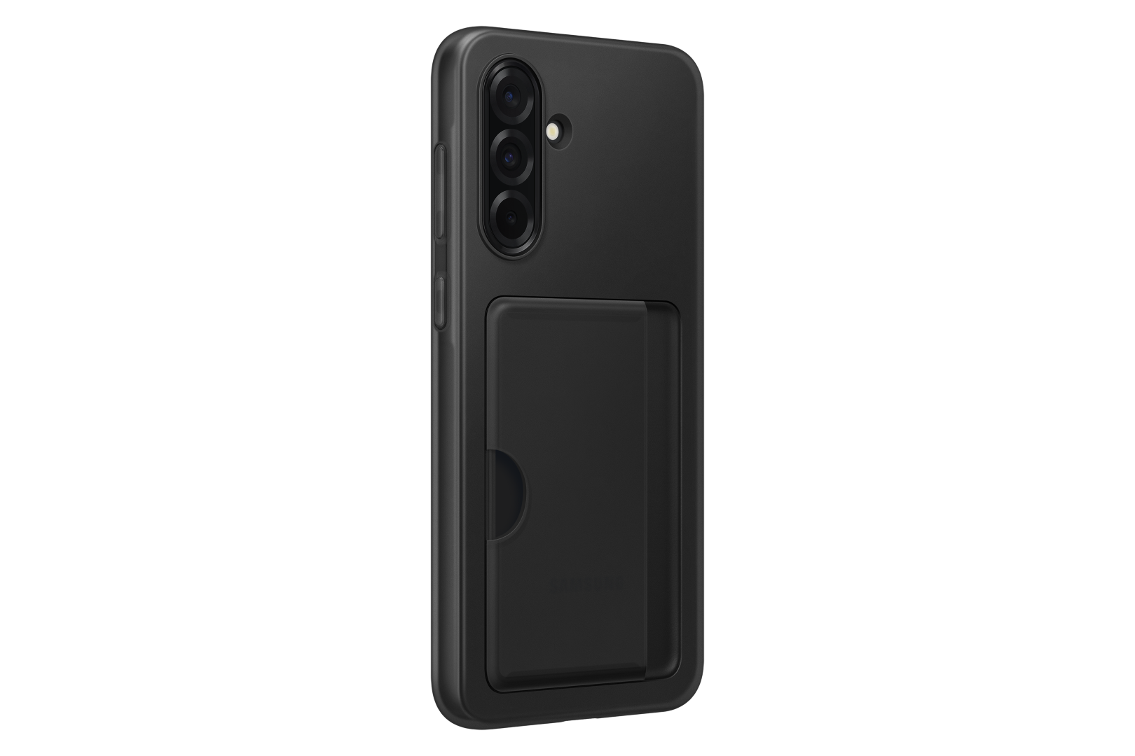 Czarne etui na telefon z uchwytem na karty z tyłu. Etui na czarnym tle.