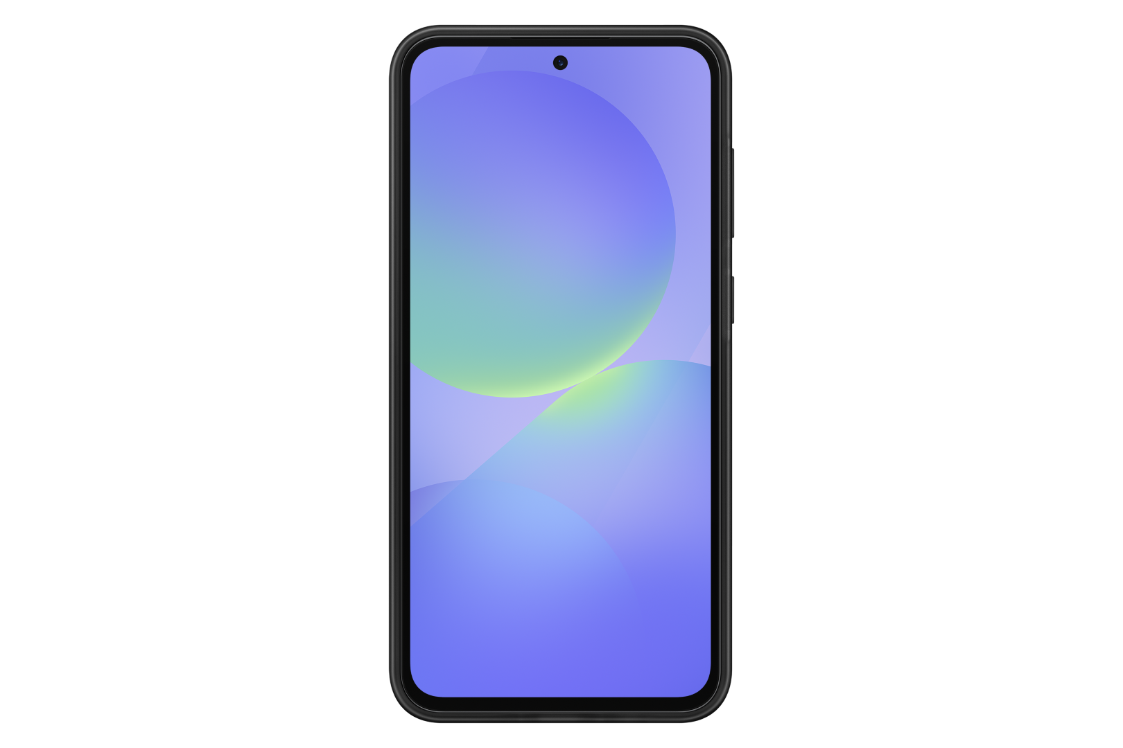 Smartfon z gradientem niebieskiego, zielonego i fioletowego na czarnym tle.