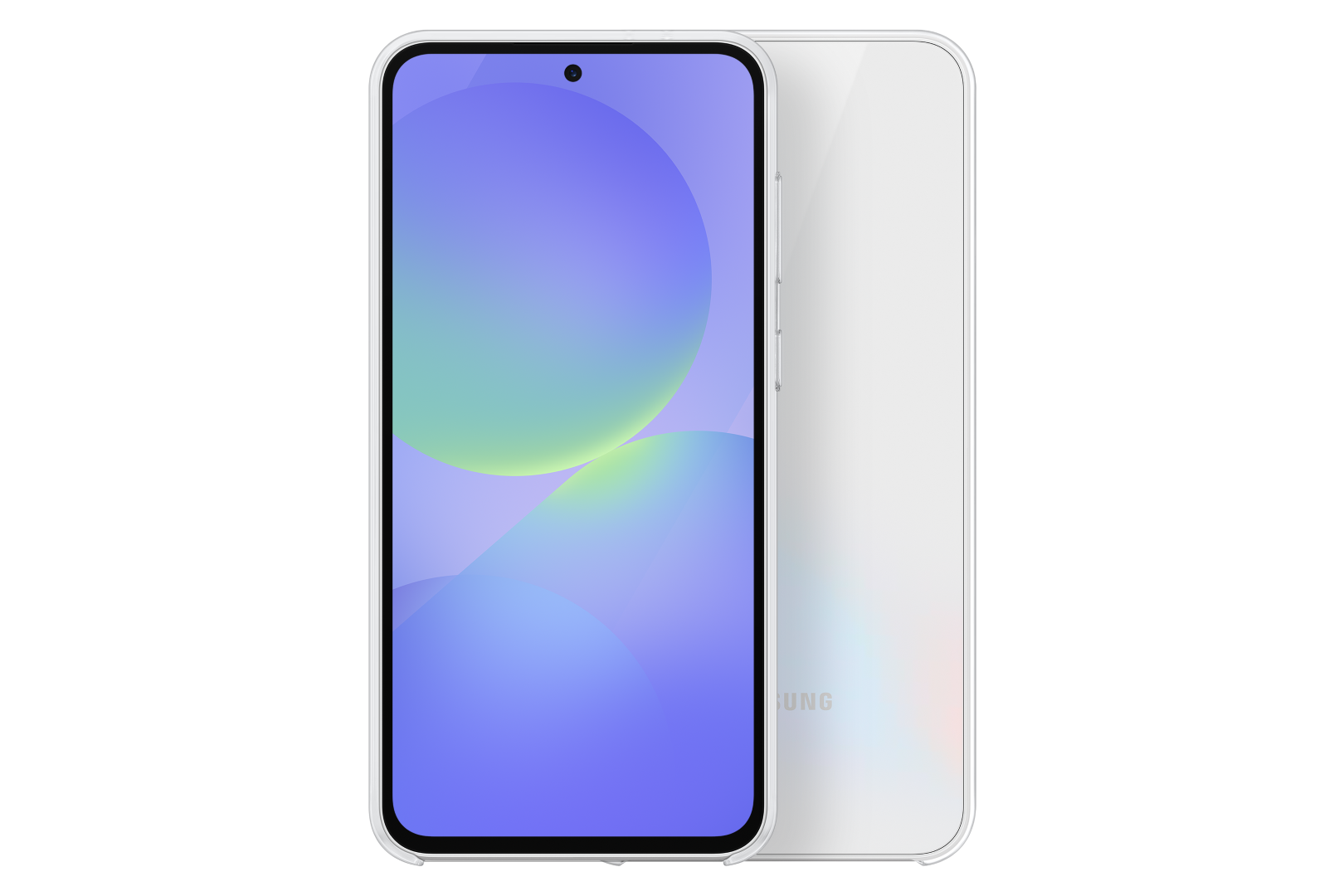 Biały telefon z gradientowym wyświetlaczem i aparatem na białej powierzchni.