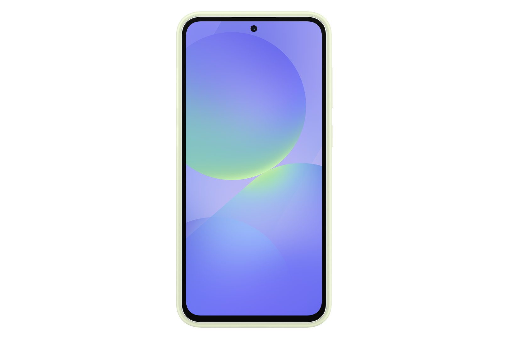 Smartfon z dużym ekranem, jasnozieloną ramką i kolorową, abstrakcyjną tapetą.