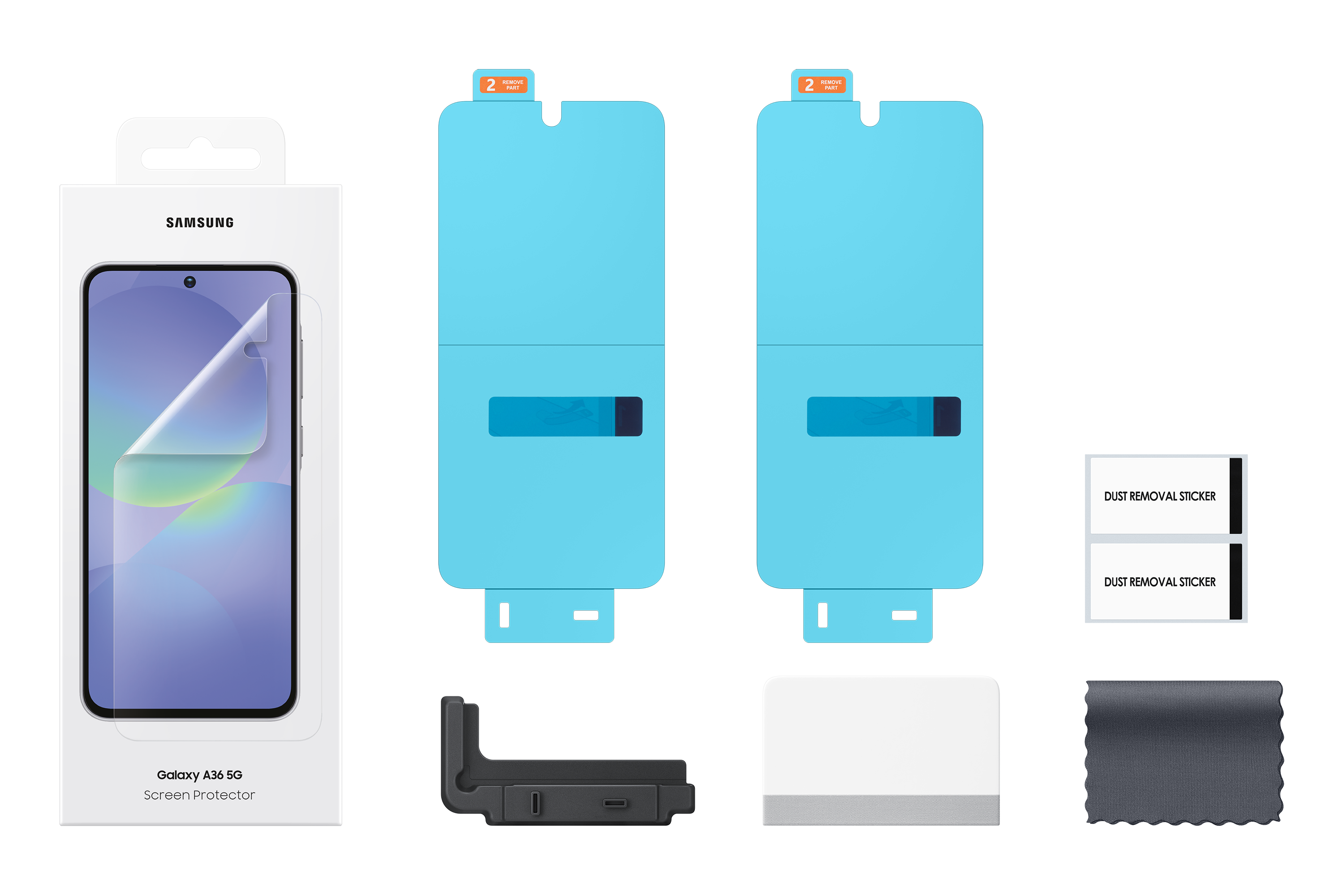 Zestaw ochraniacza ekranu dla Samsung Galaxy A36 5G. Zawiera ochraniacz, naklejki i ściereczkę.