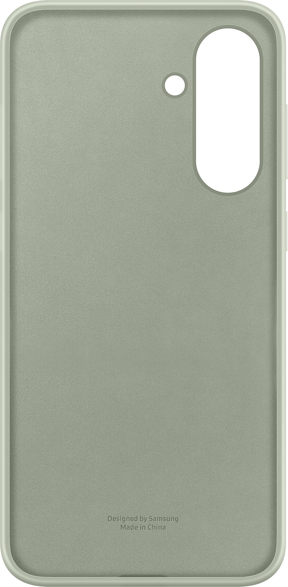 Une coque de téléphone vert clair avec une découpe pour l'appareil photo et le texte "Designed by Samsung".