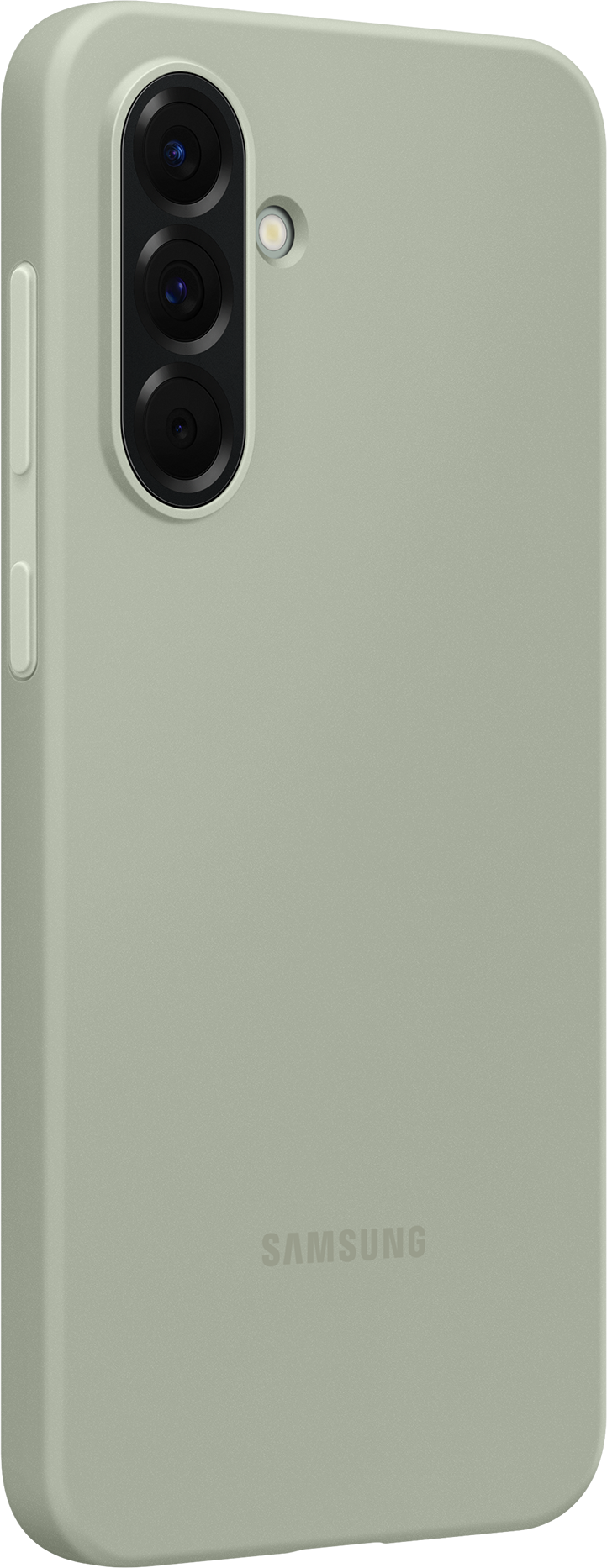 Un téléphone est présenté sur une coque verte avec le logo Samsung et un ensemble de triple caméra.