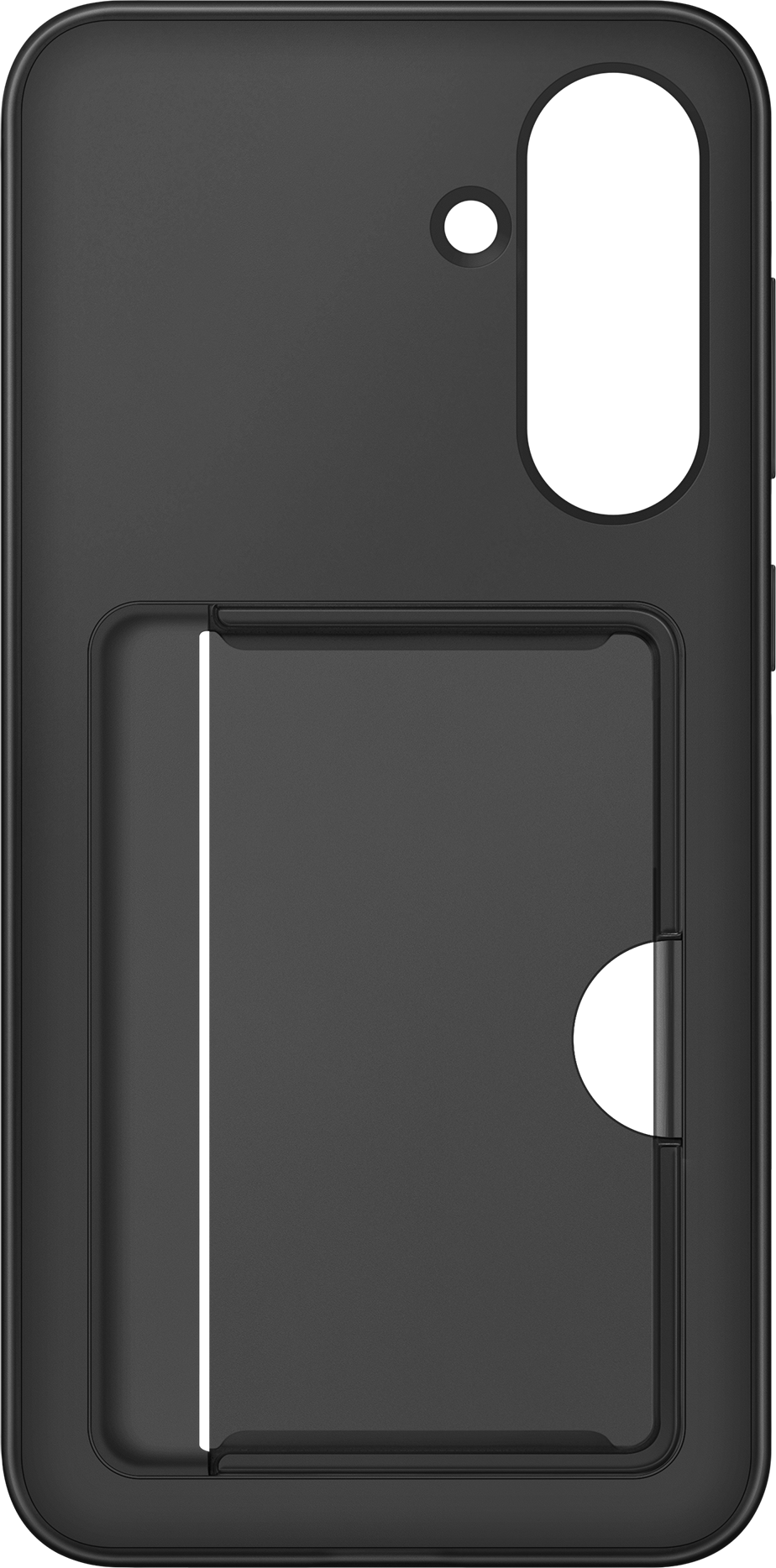 Coque de téléphone noire avec fente pour carte. La coque est sur fond noir, inclinée sur le côté. Vue arrière.